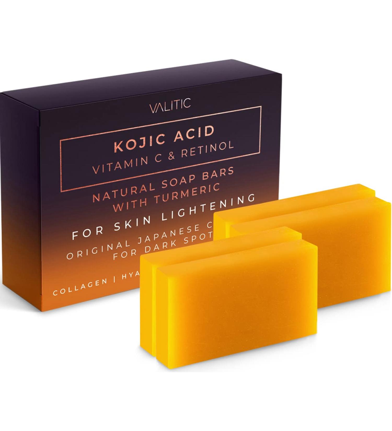 VALITIC Kojic Acid Vitamin C Retinol Soap Bars with Turmeric - Skin Lightening, Dark Spot Treatment, Infused with Collagen, Hyaluronic Acid, Vitamin E (4 Pack) - Buy Online on GoSupps.com