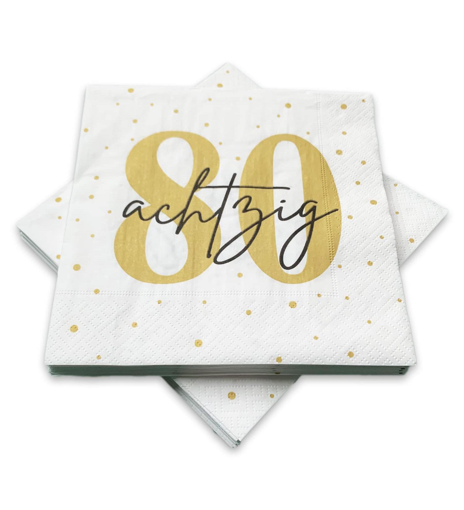 20 napkins for 80th birthday 33x33 cm - white gold black