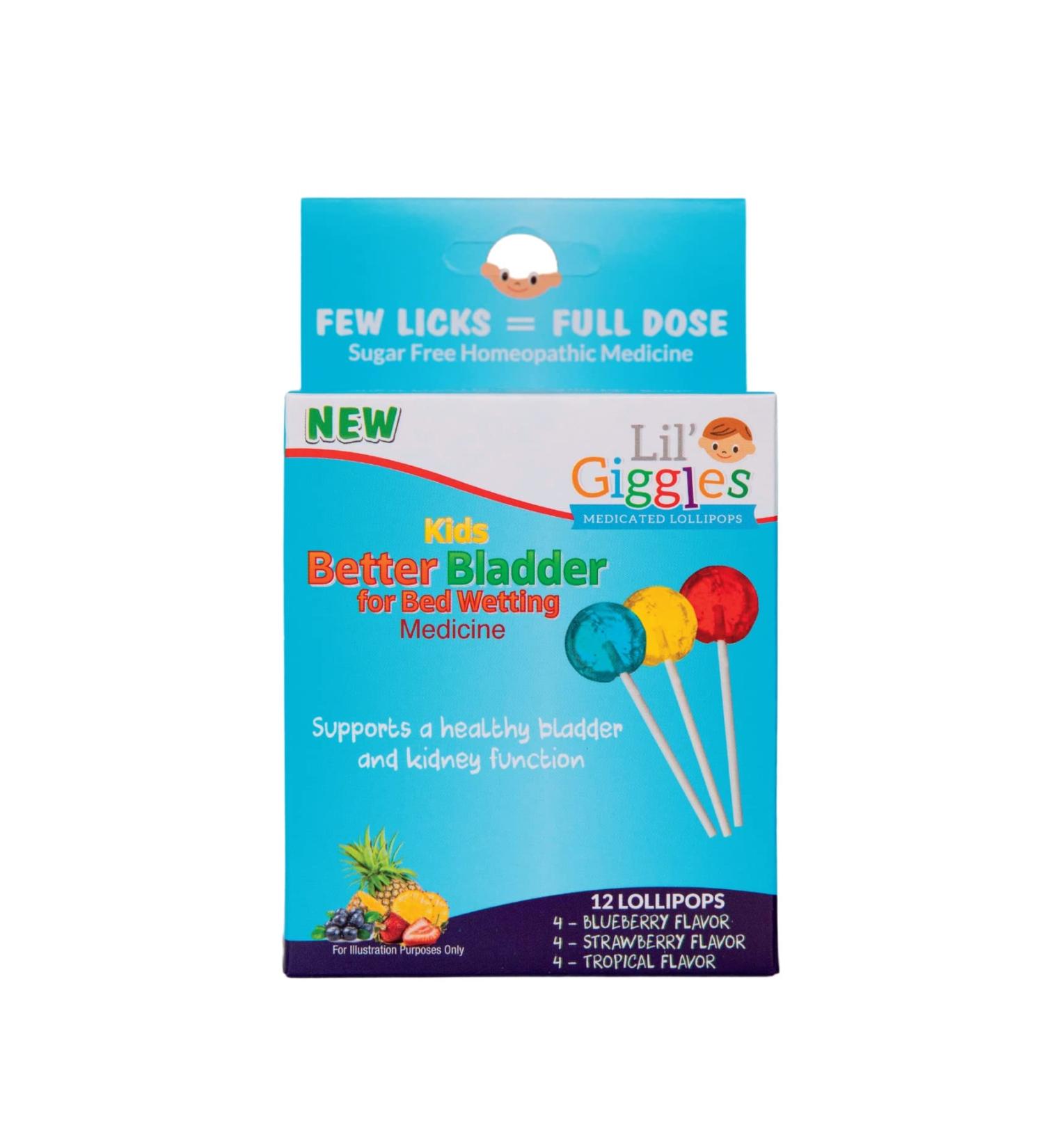 Buy Lil Giggles Kids Medicated Lollipops - Homeopathic Solution for Bedwetting - 12 CT - Blueberry Strawberry & Tropical Flavors - Buy Online on GoSupps.com