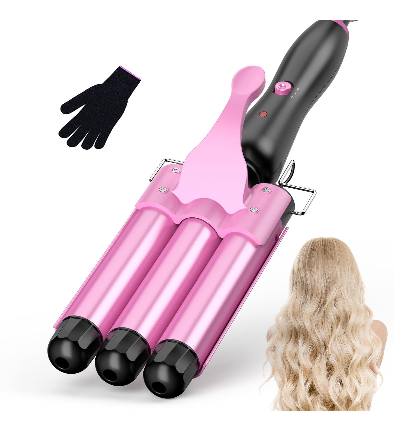 Buy 3 Barrel Curling Iron for Beach Waves - Fast Heating Temperature Adjustable Pink Curler with Gloves - Buy Online on GoSupps.com