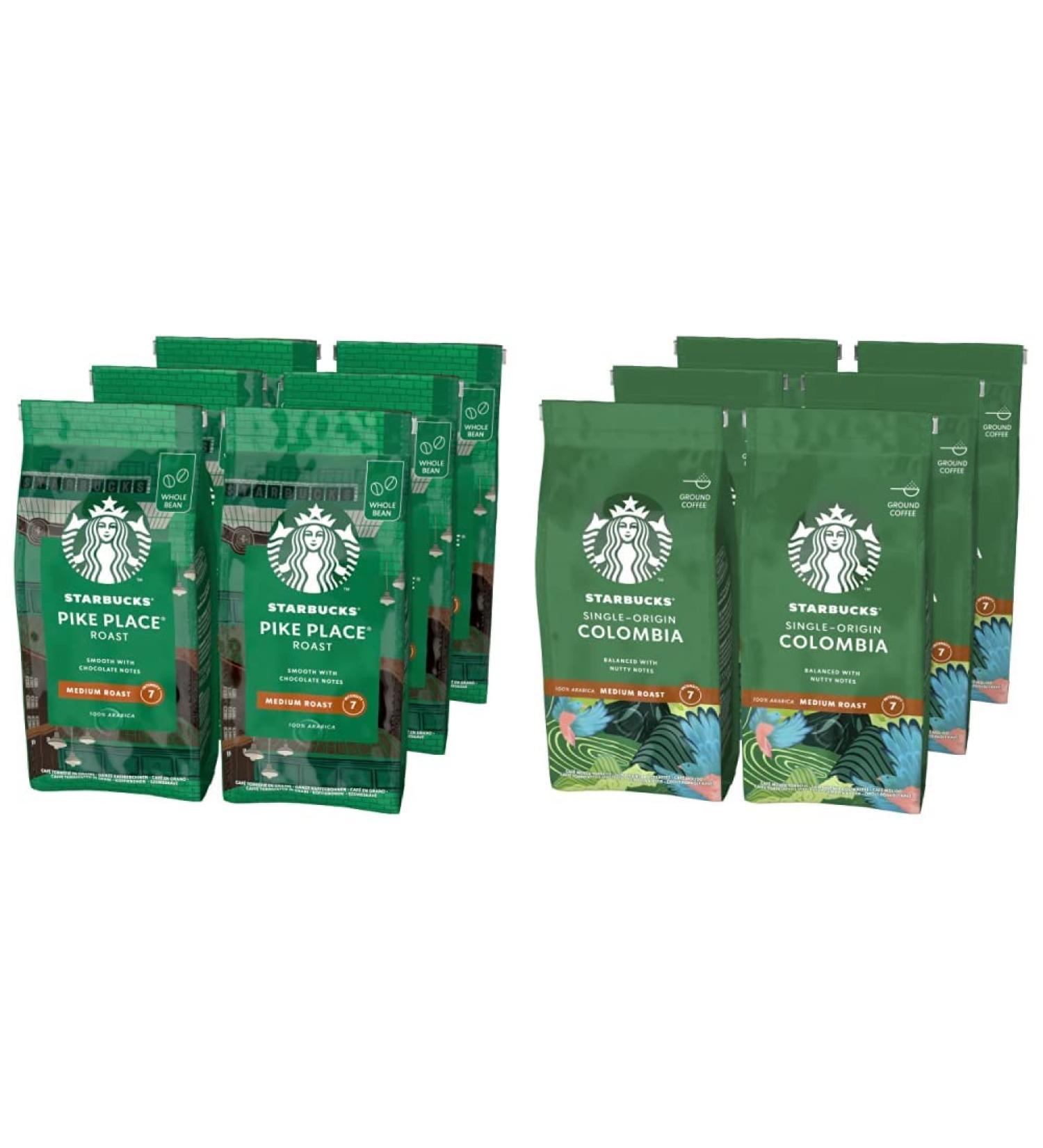 STARBUCKS Pike Place Roast Medium Roast Whole Bean Coffee 200g (Pack of 6) & Single-Origin Colombia Medium Roast Ground Coffee 200 g (Pack of 6) - Buy Online on GoSupps.com