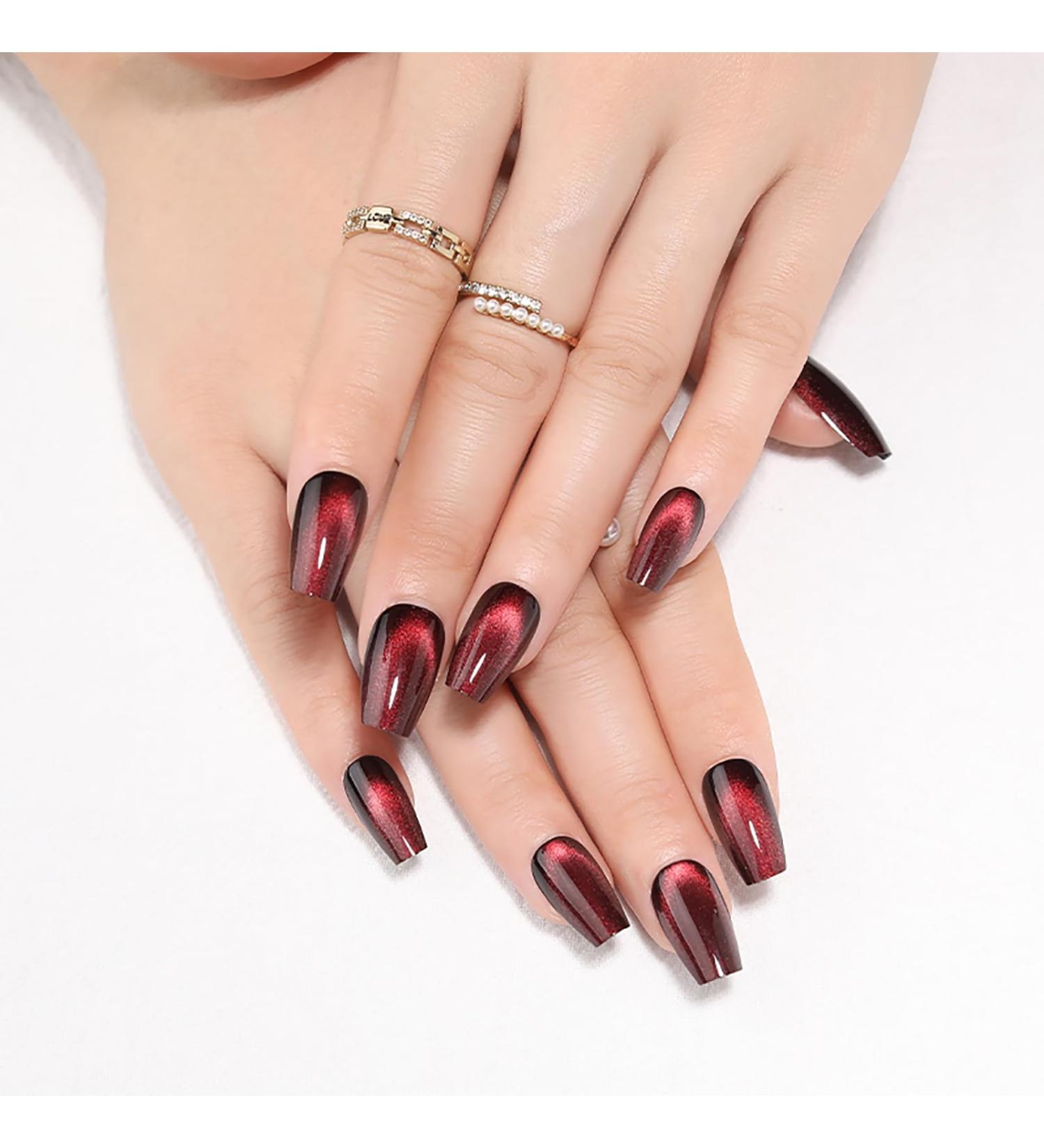 Dark Red Cat Eye Press On Nails - Medium Coffin Fake Nails | KKUUOO Handmade Velvet & Glitter Designs - 24Pcs Full Cover Glossy Stick On Nails for Women & Girls - Buy Online on GoSupps.com