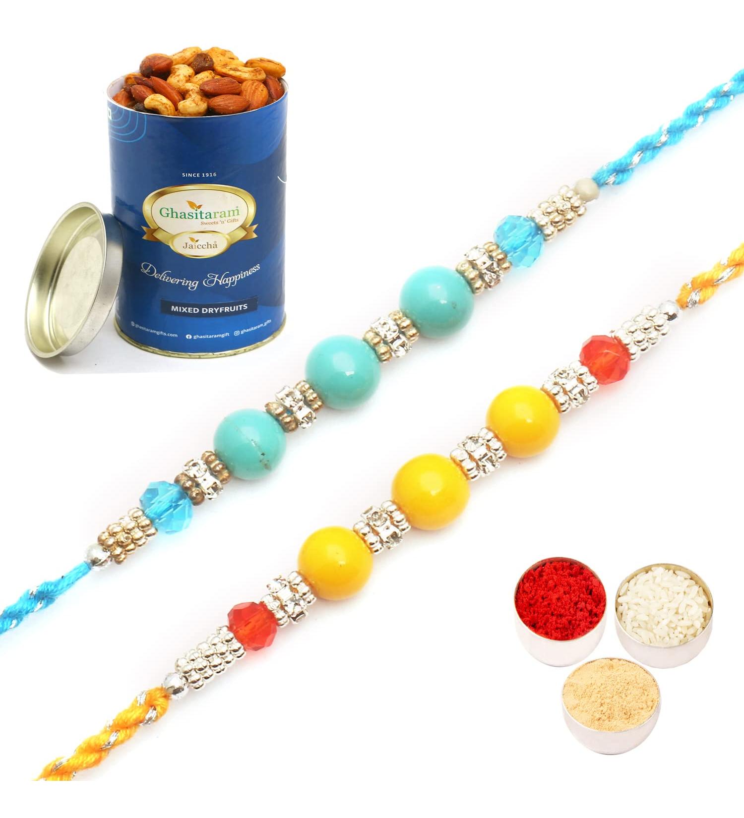 Ghasitaram Gifts Rakhi for Brother Rakhis Online - Set of 2-6991B Diamond Pearl Rakhi with 100 GMS of Dryfruits Mix Can 2 Rakhi with 100 gms of Dryfruits Mix Can - Buy Online on GoSupps.com