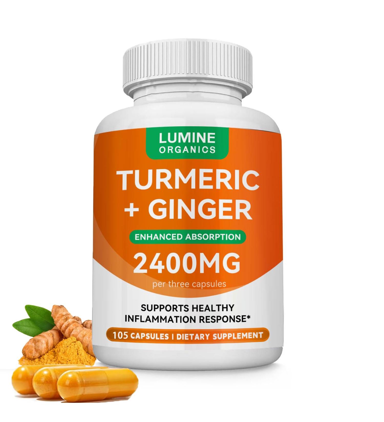 Lumine Organics Turmeric Curcumin Supplement | 2400mg Turmeric Extract with 95% Curcuminoids with Bee Propolis Ginger MCT Oil Fat Soluble Vitamin C & Black Pepper - 105 Capsules (1PCS) - Buy Online on GoSupps.com
