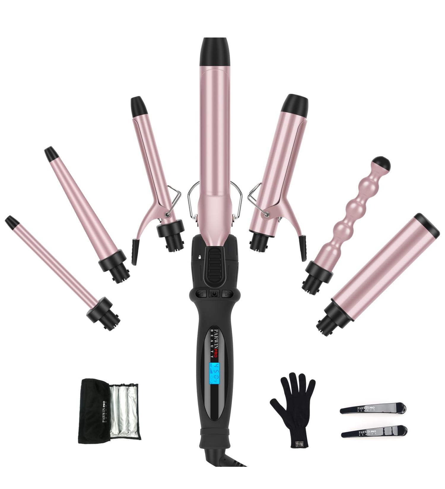 Buy PARWIN PRO 7-in-1 Curling Iron Set - Adjustable Temp Interchangeable Barrels Travel-Friendly Negative Ionic - Rose Pink - Buy Online on GoSupps.com