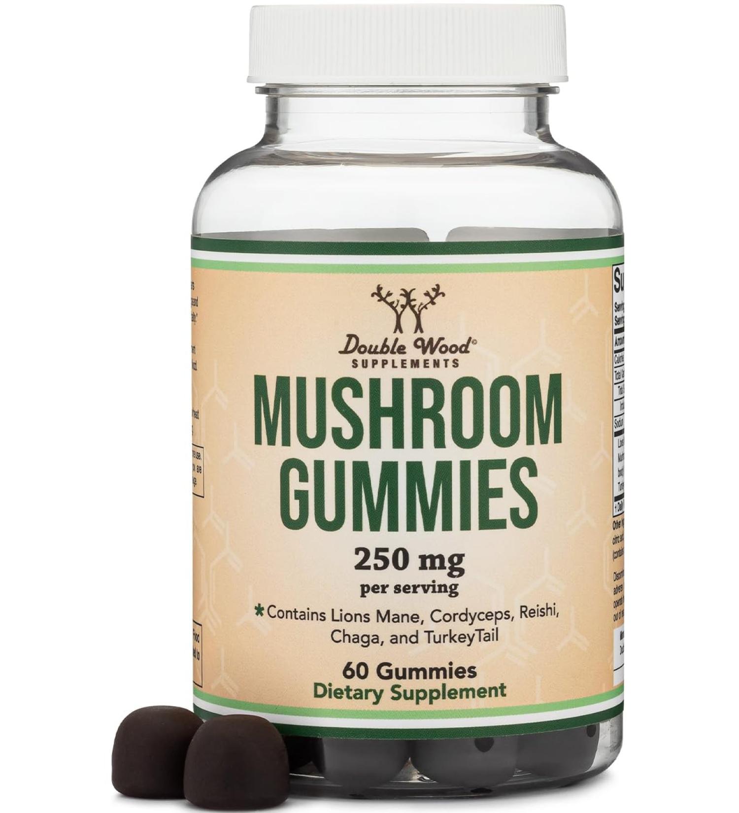 Double Wood Supplements Mushroom Gummies Supplement 60 Count - 2,500mg Equivalent from 250mg Lions Mane Cordyceps Reishi Chaga and Turkey Tail 10:1 Extracts Per Serving (for Immune Support) - Buy Online on GoSupps.com