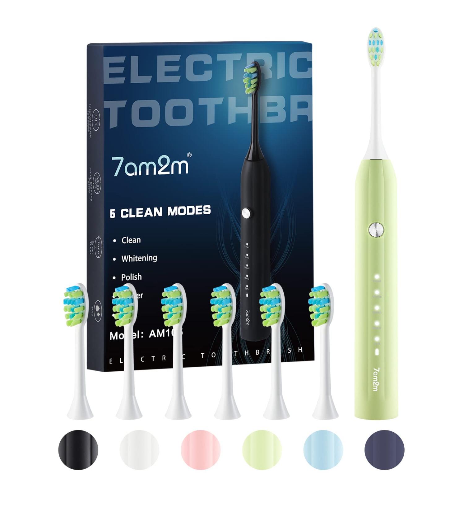 7AM2M Sonic Electric Toothbrush - 6 Brush Heads, 5 Modes, Smart Timer - Roman Column Handle (Light Green) - Buy Online on GoSupps.com