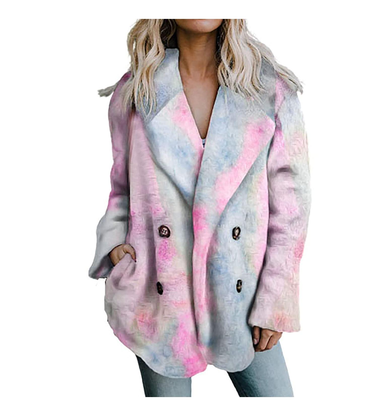 Winter Warm Fleece Coat for Women - Tie Dye Lapel Sweatshirt - Plush Jacket with Pockets - X-Large 01 # Pink - Buy Online on GoSupps.com