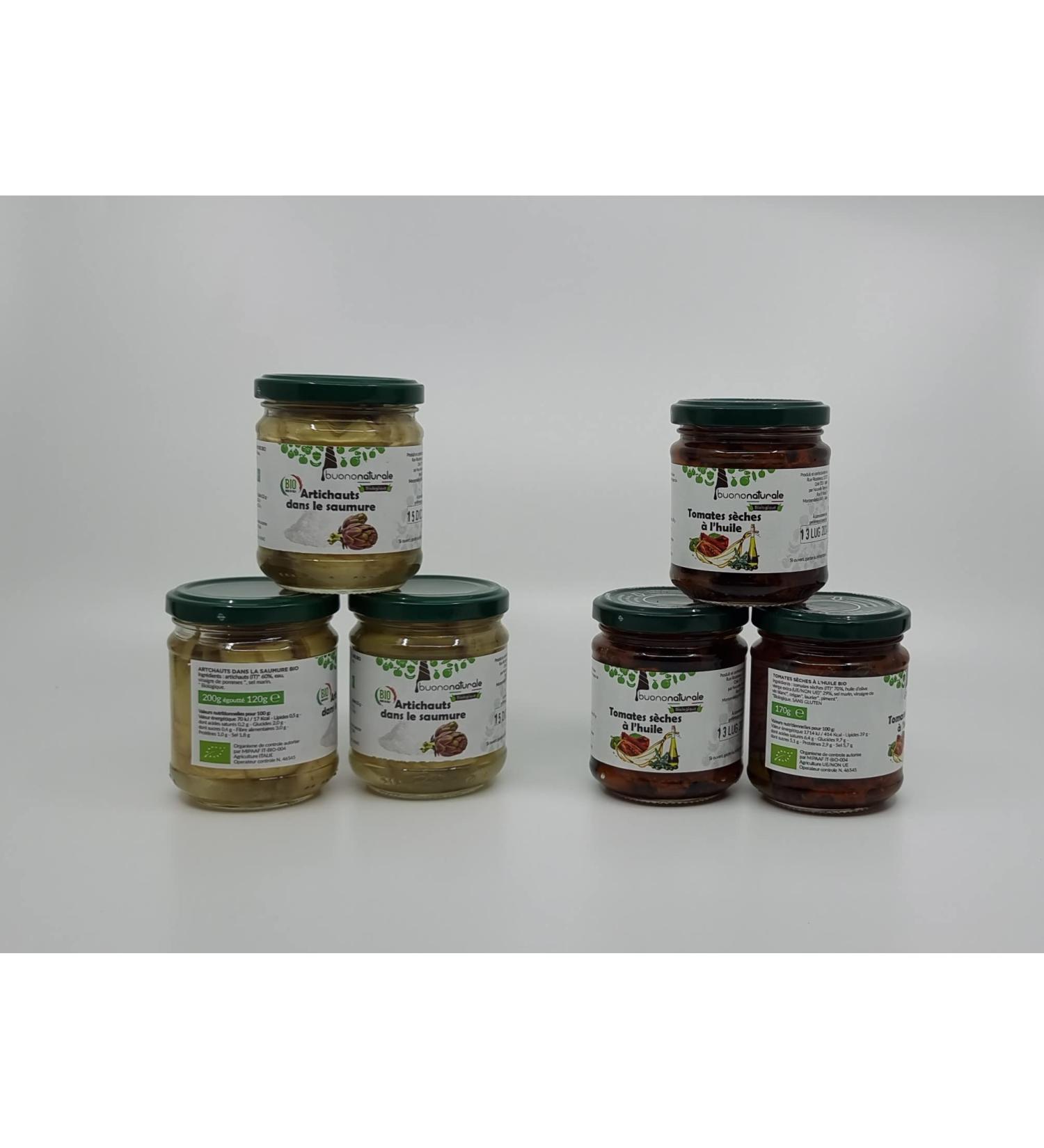buononaturale Box with artichokes and tomatoes ORGANIC 1g mixed pack of 3pcs Organic oil dried tomatoes (3x170g) and 3pcs A - Buy Online on GoSupps.com