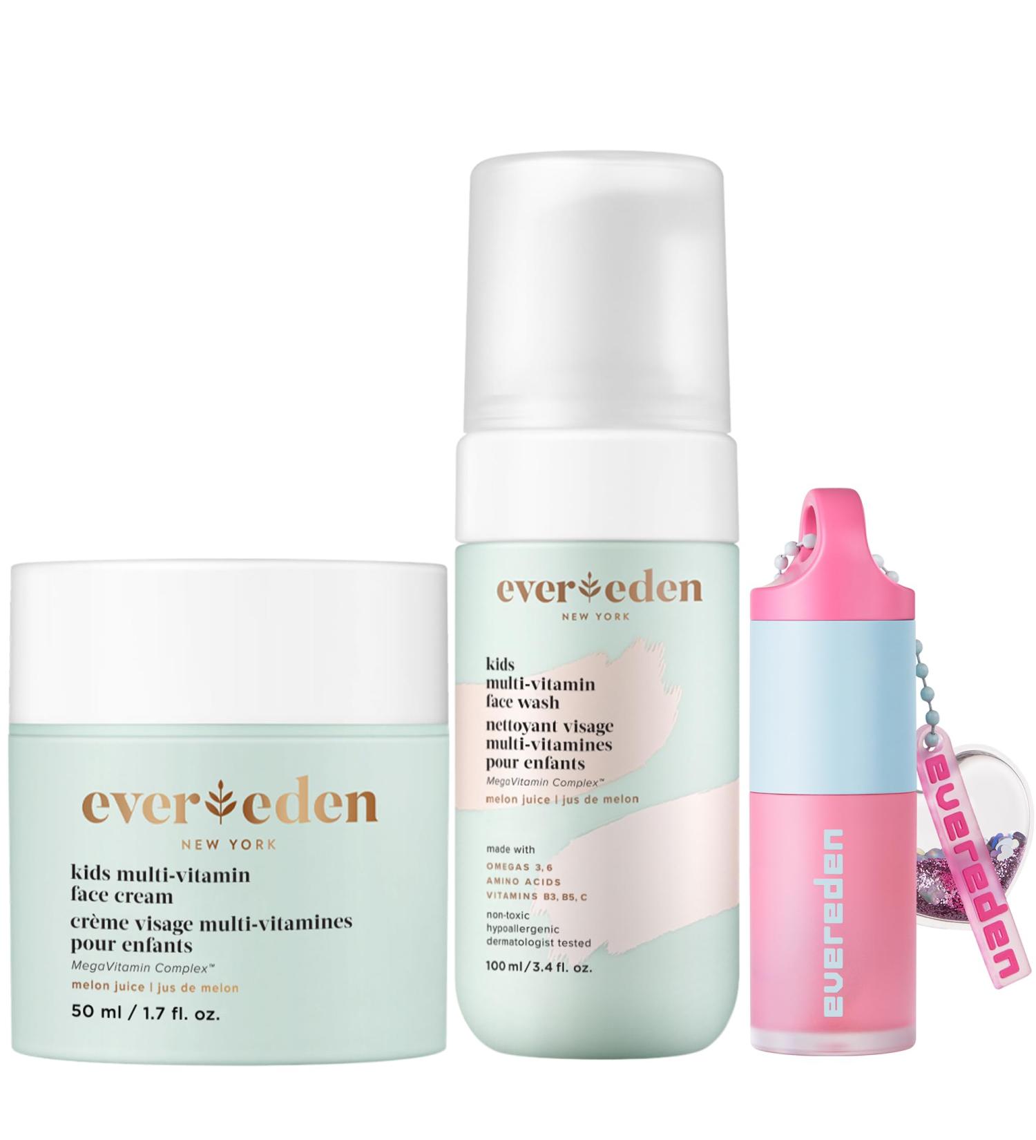 Evereden Happy Kids Skin & Lips Routine - Multi-Vitamin Face Wash & Face Cream & Tinted Lip Oil Set - Clean & Vegan Skin Care Kids 3+ - Moisturizing Nourishing & Protective - Buy Online on GoSupps.com