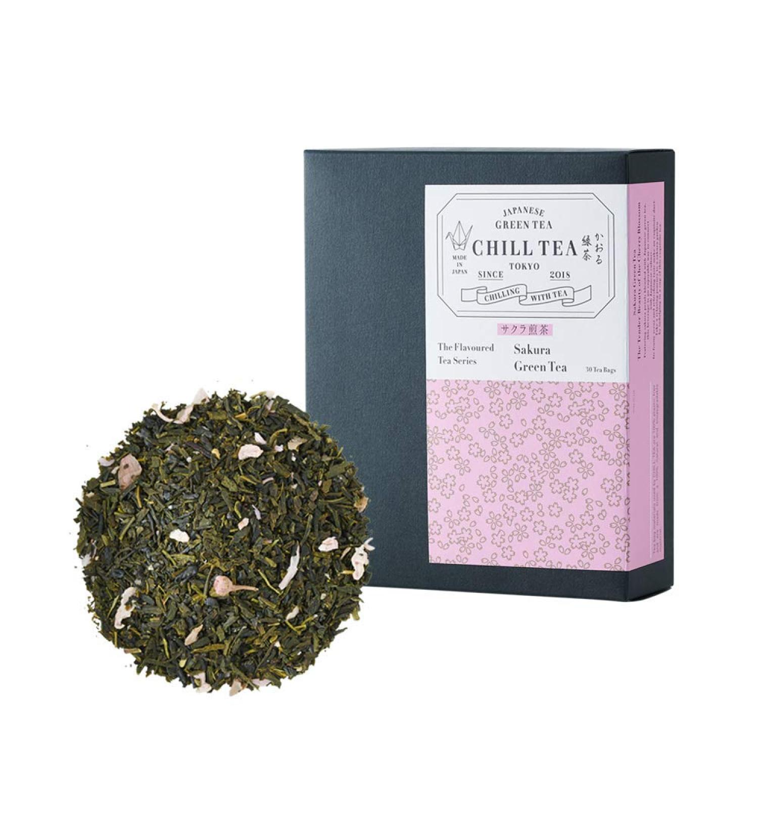 Sakura Green Tea (30 Tea Bags) - Cherry Blossom Tea by CHILL TEA Tokyo - Plastic-Free Plant-Based Tea Bag - Fruity Floral Flavour - Buy Online on GoSupps.com