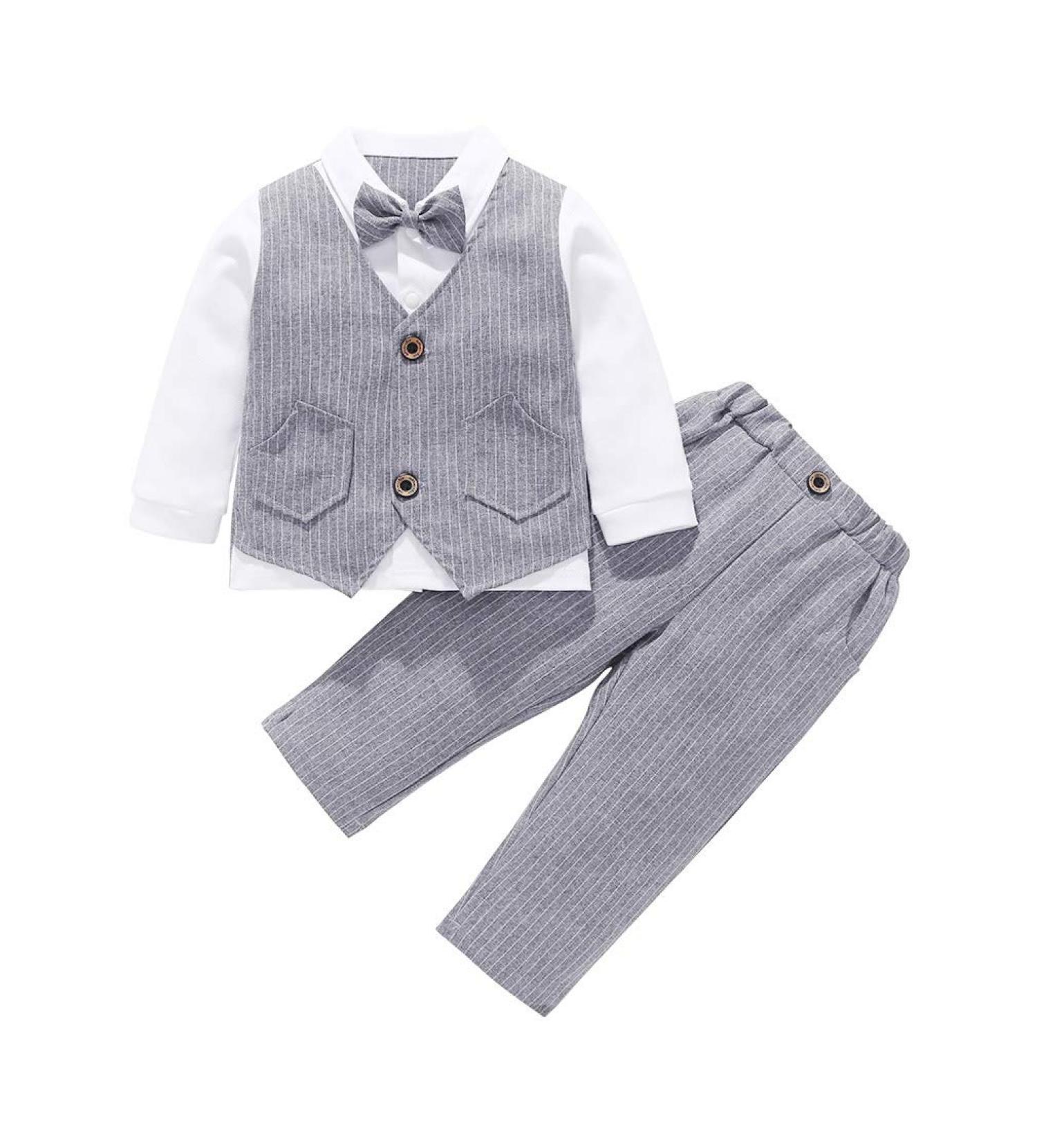 AmzBarley Baby Boys Gentleman Suit | Long/Short Sleeve Shirt Pants Vest Bowtie Tuxedo Romper | Grey | 1-2 Years - Buy Online on GoSupps.com