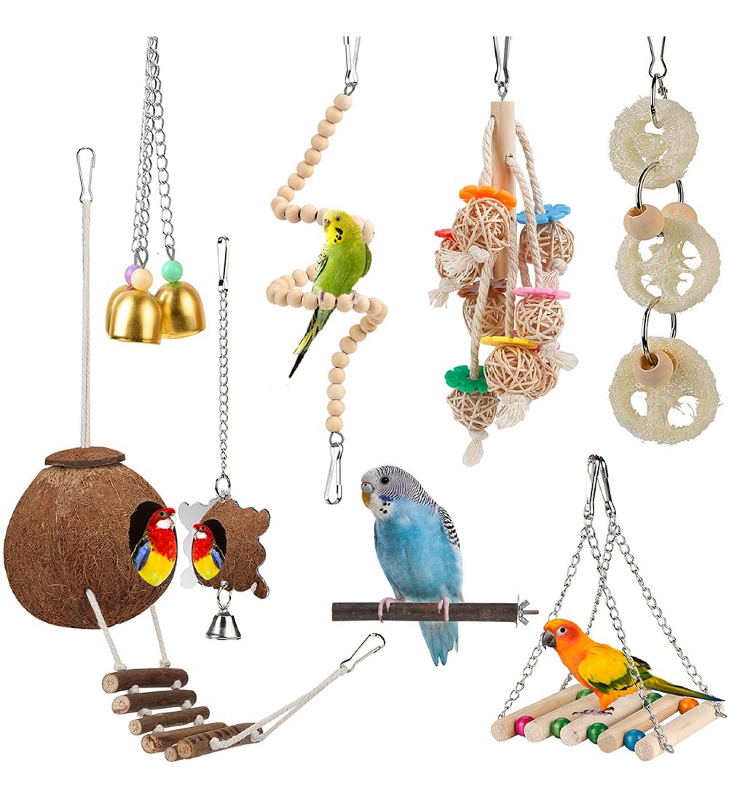Coconut Hideaway Bird Perch Hammock with Bell Swing - Parrot Toys for Parakeet Conure Cockatiel Love Birds - Buy Online on GoSupps.com