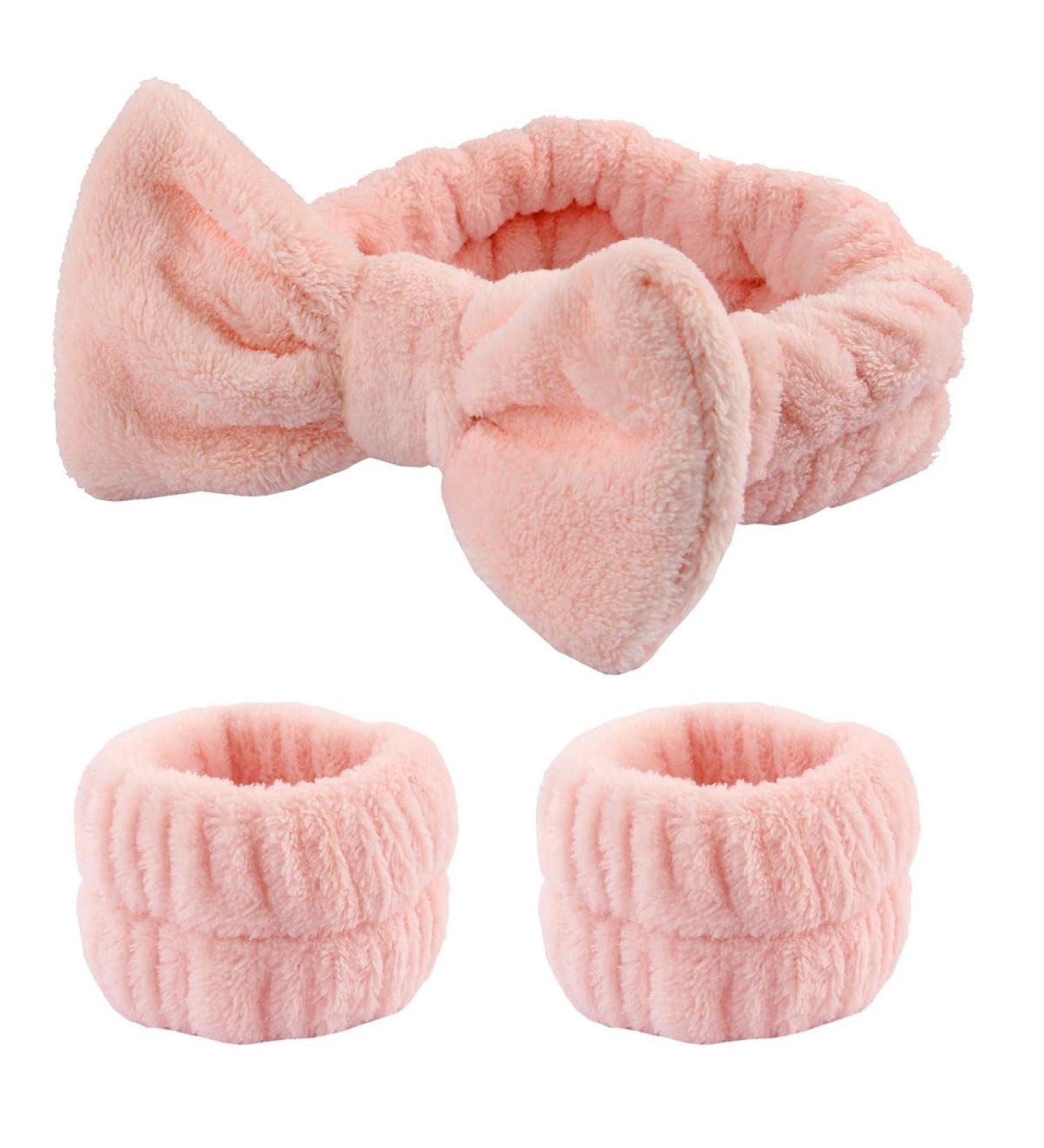 Set of 3 Headband Bracelet Sets Elastic Head Wrap Bow Hair Accessories Plush Headband Spa Face Headband Face Wash Bracelets for Make-Up Yoga Sports Shower Pink B Pink B 3