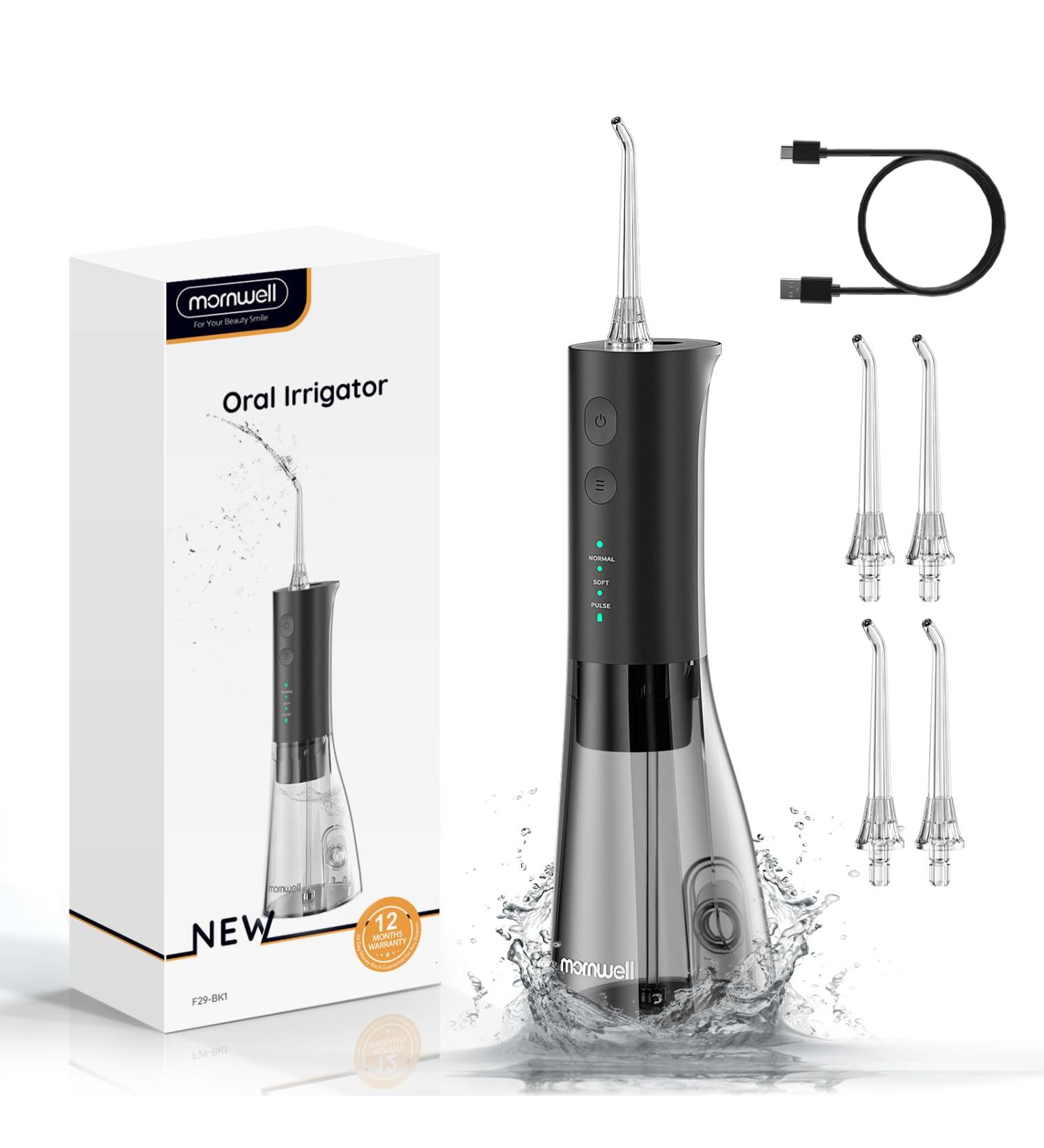 Mornwell Cordless Water Flosser - IPX7 Waterproof, 3 Modes, 4 Jet Tips, USB Rechargeable - Black - Buy Online on GoSupps.com
