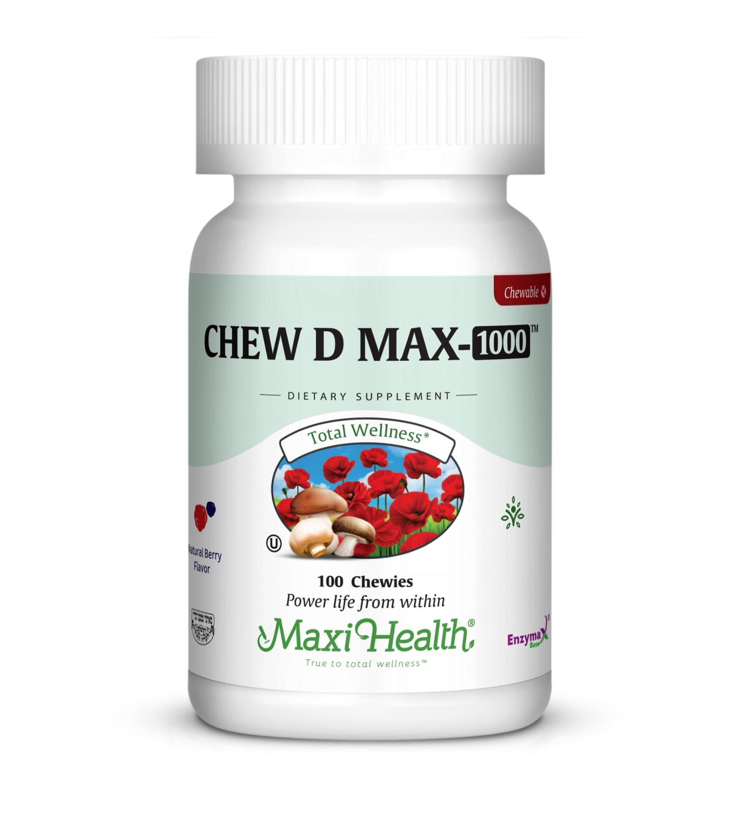 Maxi Health Chewable Vitamin D 1 000 IU - Chew-D-Max - Vitamin D3 for Kids and Adults - Kosher - 100 Chewables - Natural Berry Flavor
