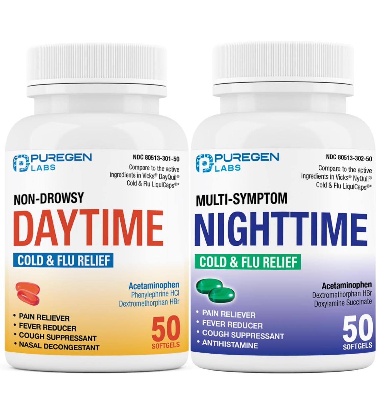 Puregen Labs Daytime and Nighttime Combo Pack Cold and Flu Relief Medicine | Powerful Multi-Symptom Daytime and Nighttime Relief for Headache Fever Sore Throat Cough Congestion and Aches - Buy Online on GoSupps.com