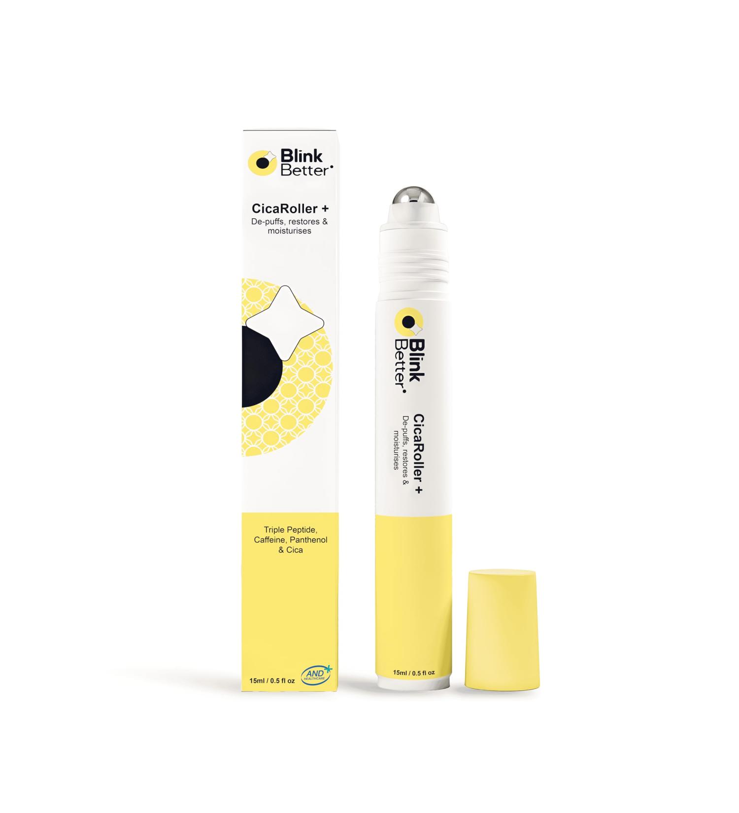 BlinkBetter CicaRoller+ Depuffing Eye Roller Serum for Eyelids and Under Eyes Cooling Rollerball with 2.5% Caffeine Peptides Cica & Panthenol Hydrates Soothes and Smooths Puffy Eyes 15 ml - Buy Online on GoSupps.com