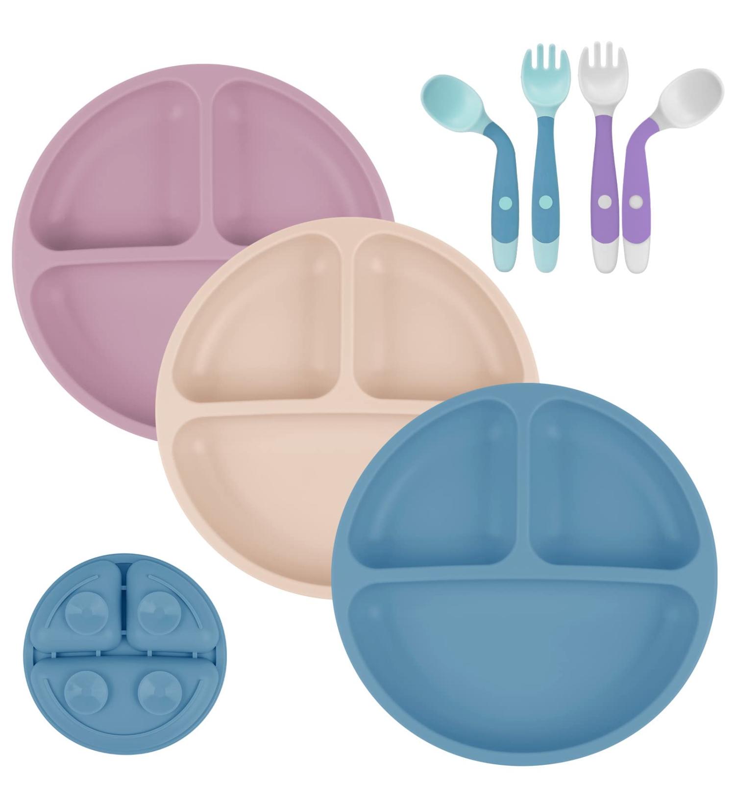 Vicloon Baby Suction Plate 3Pcs - Non Slip Silicone Weaning Plate for Toddler Kids - Divided Dishes for Self Feeding - Fits Highchairs Trays - Blue/Pink/Beige - Buy Online on GoSupps.com