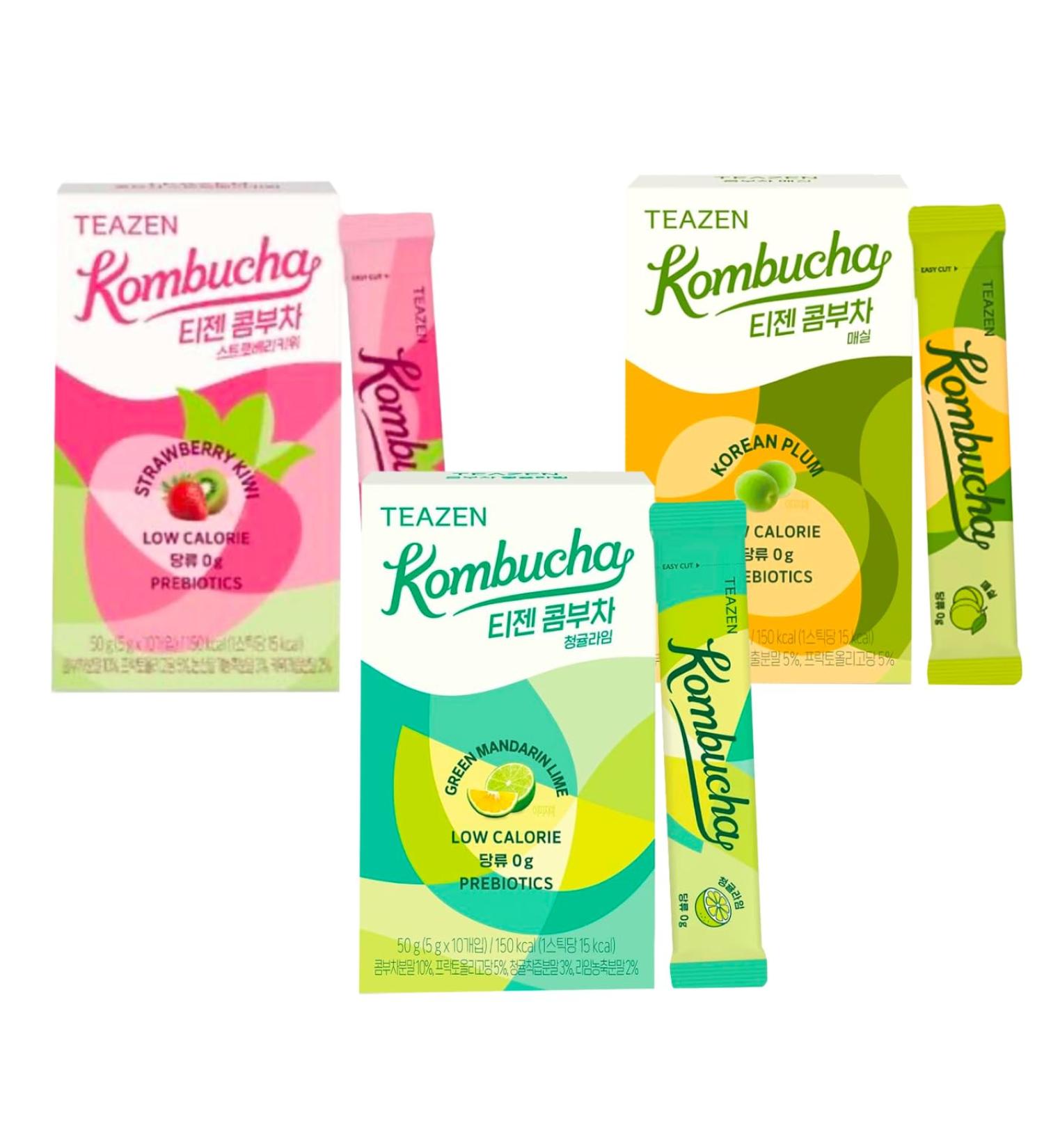 Teazen Kombucha Sugar Free Sparkling Fermented Powdered Mix Beverage from Korea Live Probiotics & Prebiotics Strawberry Kiwi (5g X 10) Korean Plum (5g X 10) Green Mandarin Lime (5g X 10) - Buy Online on GoSupps.com