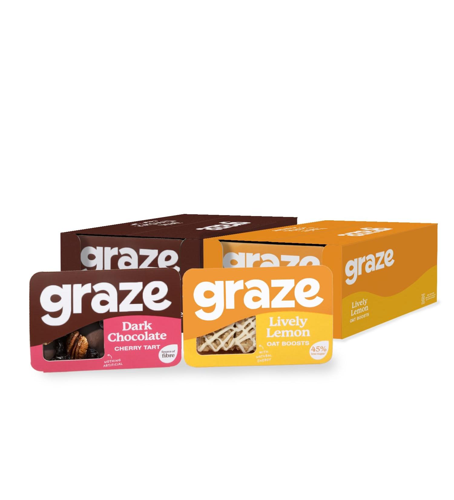Graze - Sweet Snacks Bundle of Lively Lemon Oat Flapjacks and Dark Chocolate Chery Tart Mixed Snacks - With Natural Flavours - Pack of 18 snacks Lemon and Dark Chocolate 18 count - Buy Online on GoSupps.com