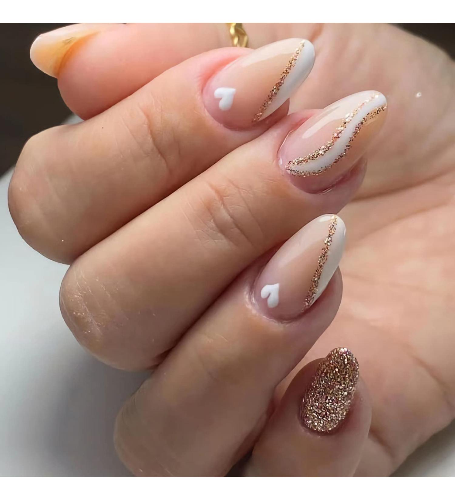 Pink Short Almond Press on Nails with White Heart Design - 24Pcs | Glossy Acrylic Fake Nails for Women and Girls - Buy Online on GoSupps.com