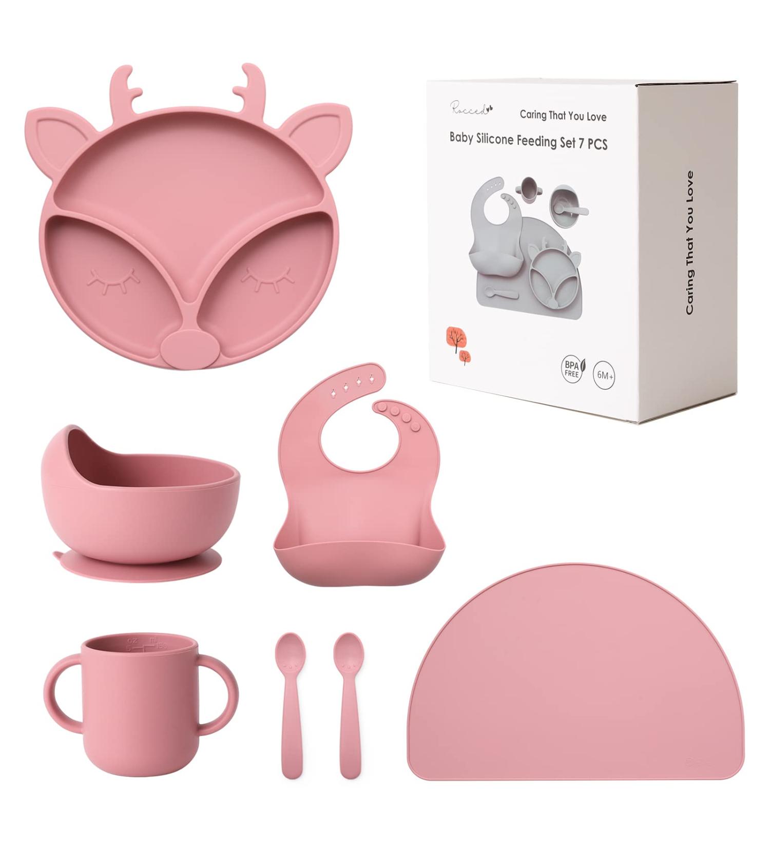 ROCCED Silicone Baby Feeding Set - Toddler Dish Set with Suction Plates, Spoons, Bowls, Bibs, Cups & Placemat - Baby Led Weaning Supplies for First Stage Solid Food Eating - 6M+ (Pale Mauve) - Buy Online on GoSupps.com