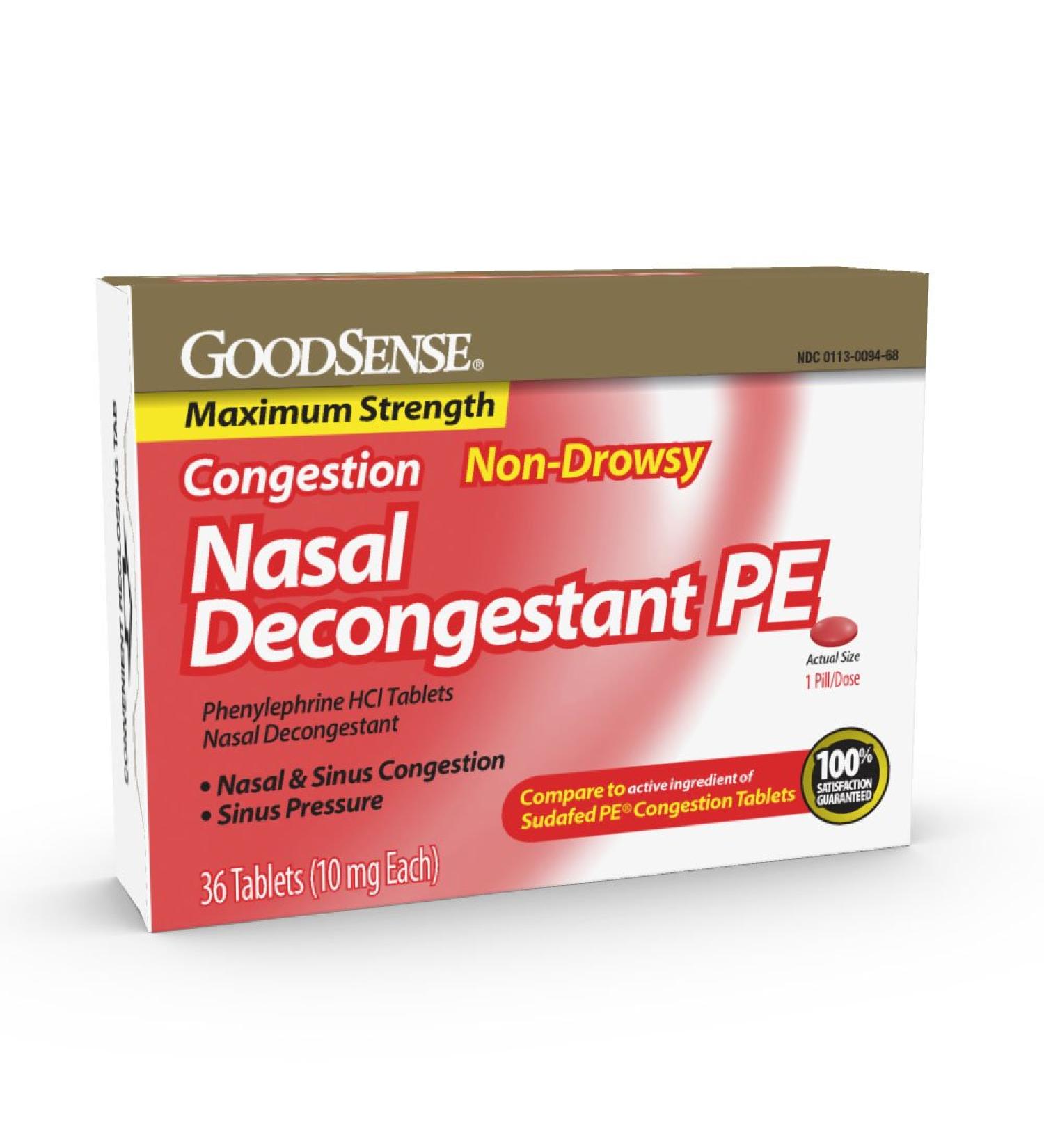GoodSense Maximum Strength Nasal Decongestant PE Tablets - 36 Count, Relief from Sinus Congestion, Hay Fever, Cold, Allergies - 10mg Phenylephrine HCl - Buy Online on GoSupps.com