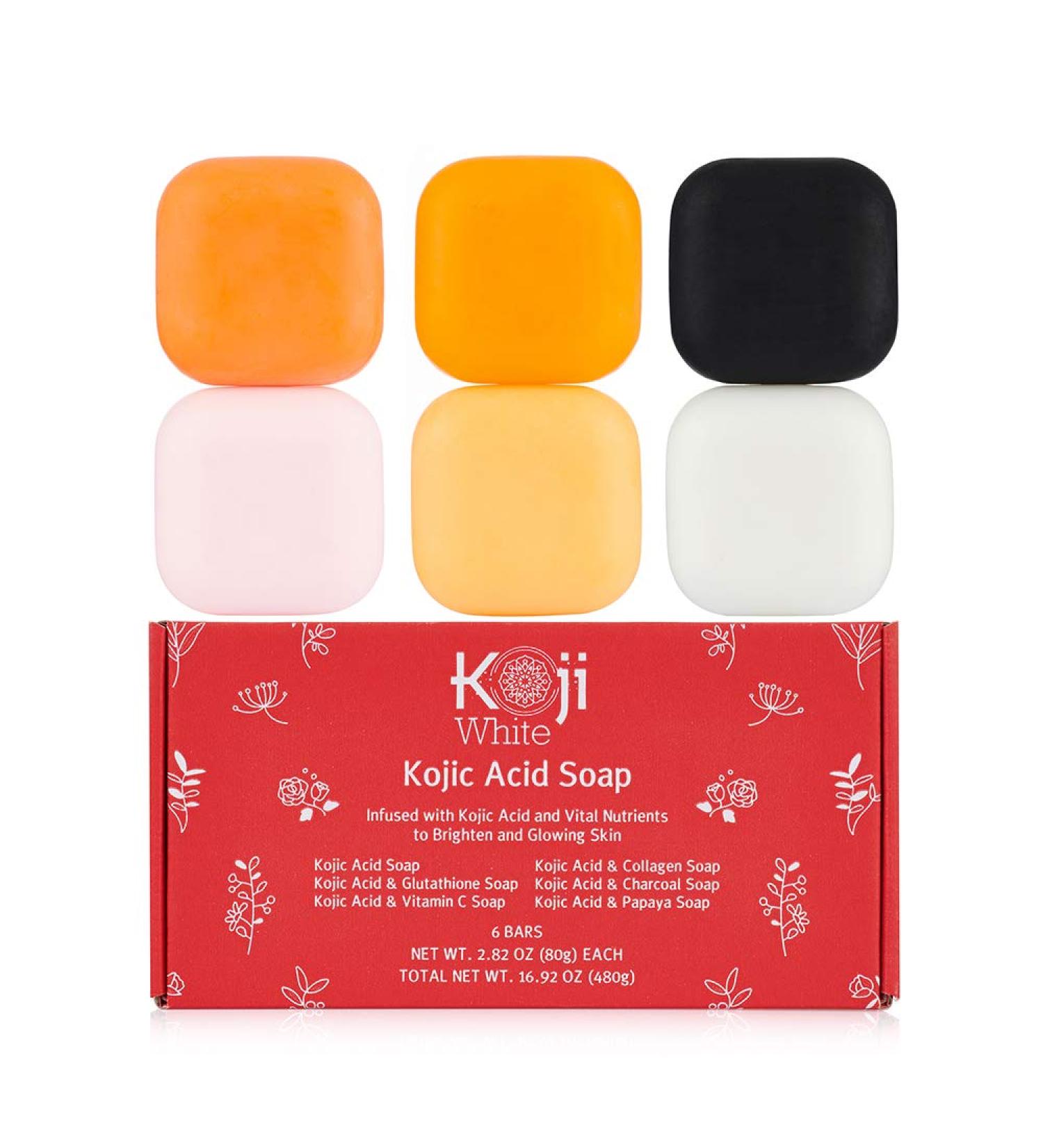 Koji White Kojic Acid Skin Brightening Soap Gift Set for Women with Papaya, Glutathione, Vitamin C, Collagen, Charcoal - 2.8 Oz (6 Bars) | Dark Spot, Hydrating Facial & Body - Cruelty-Free - Buy Online on GoSupps.com