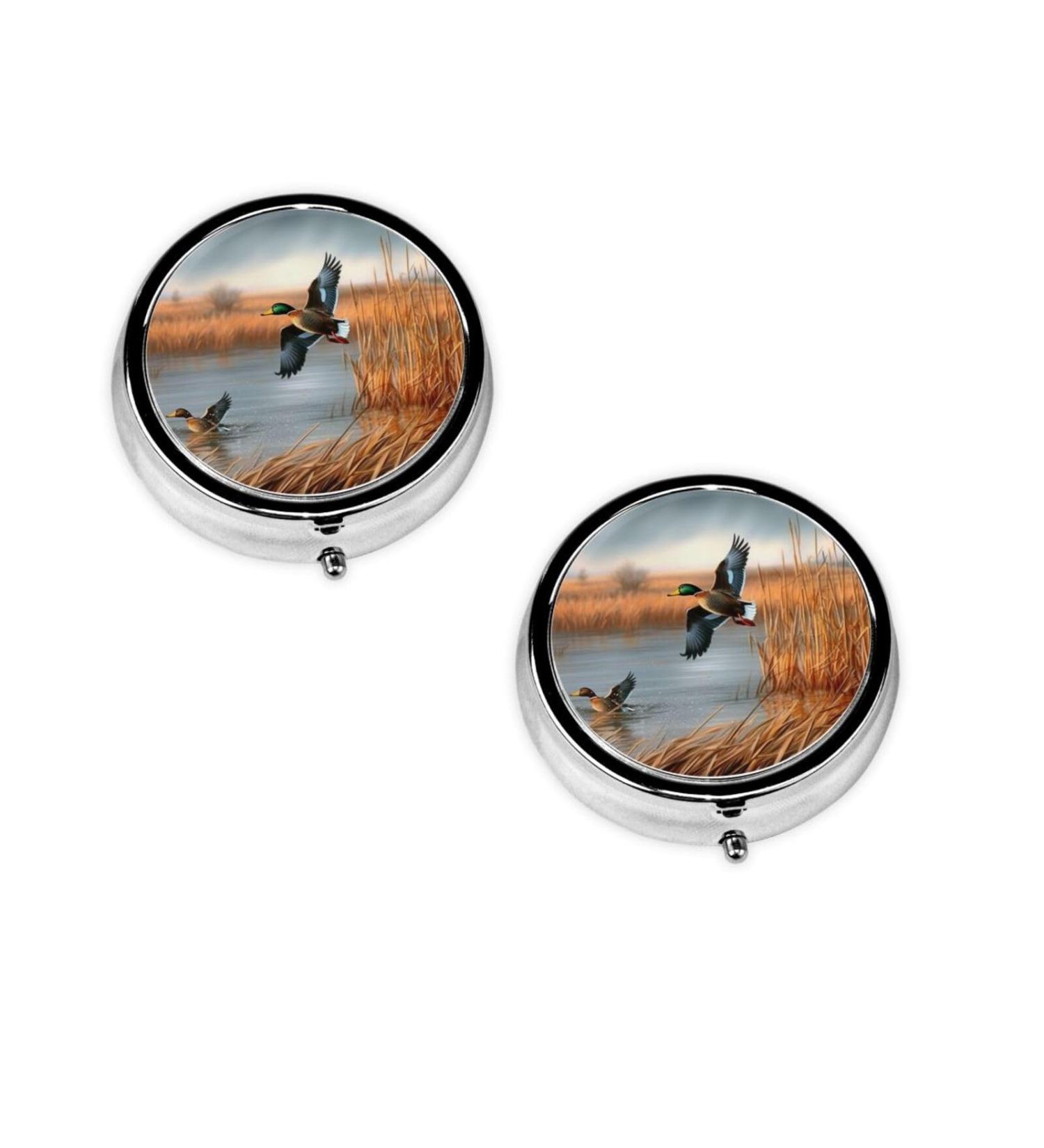 Hunting Flying Wild Duck Round Pill Box - 3 Compartment Mini Portable Travel Medicine Organizer - Decorative Pocket Purse for Tablets & Vitamins - Buy Online on GoSupps.com