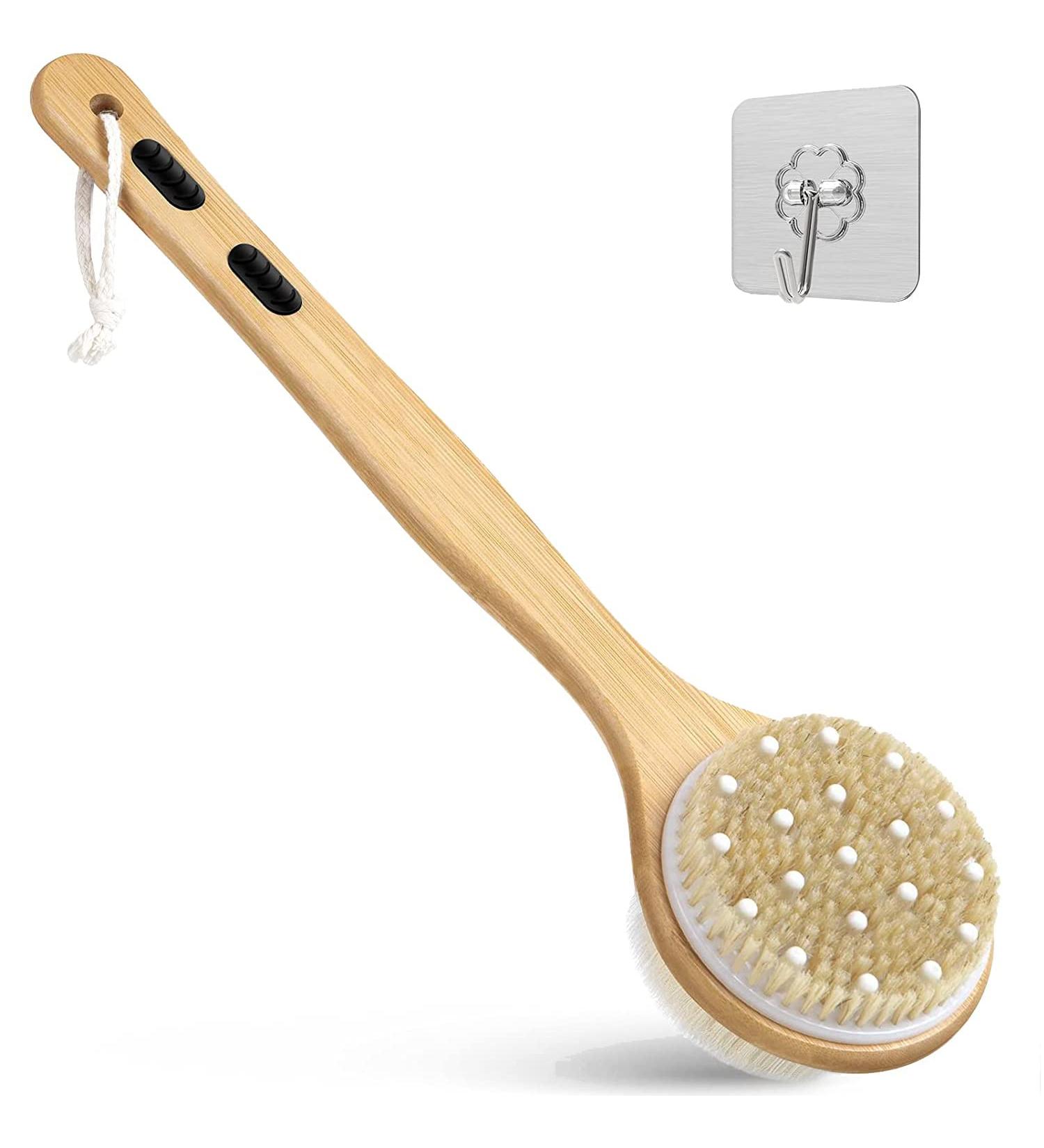 Dual-Sided Long Handle Shower Brush | Tukuos Back Scrubber with Soft and Stiff Bristles | Exfoliating Body Scrubber for Wet/Dry Bath - Buy Online on GoSupps.com