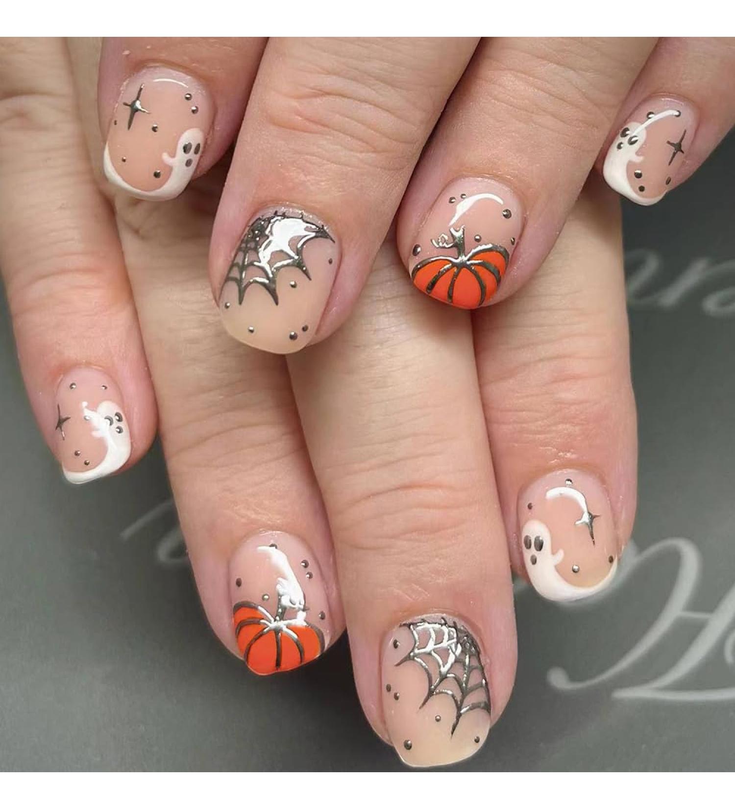 24 Pcs Halloween Press On Nails - Short Square Design with Pumpkins & Ghosts - Full Cover Acrylic Nails with Glue for Women - Buy Online on GoSupps.com