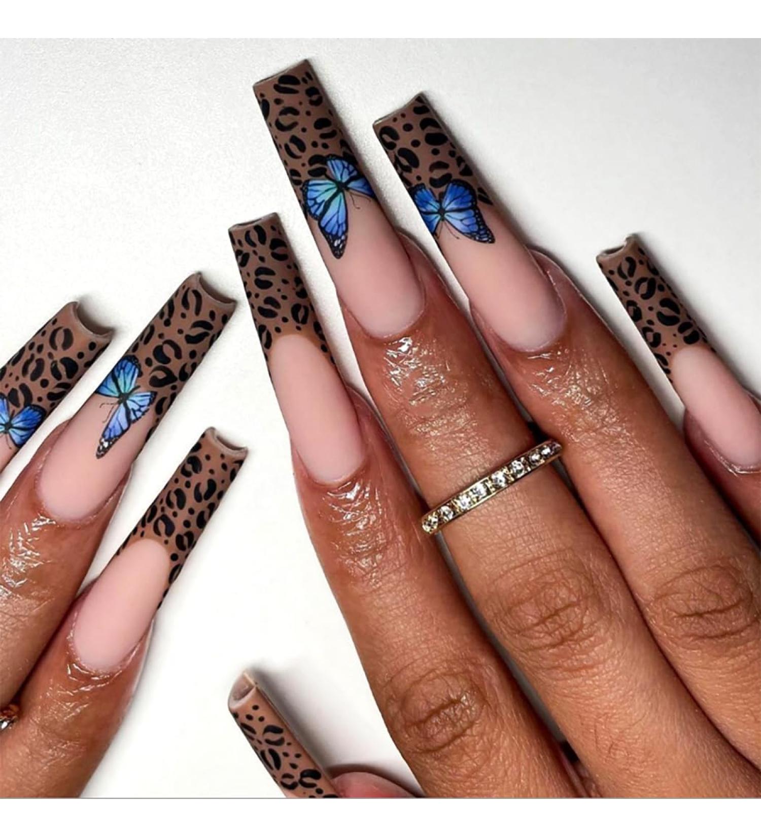Brishow Leopard Long French Press-On Nails - 24PC Butterfly False Nails for Women & Girls | International Shipping Available - Buy Online on GoSupps.com