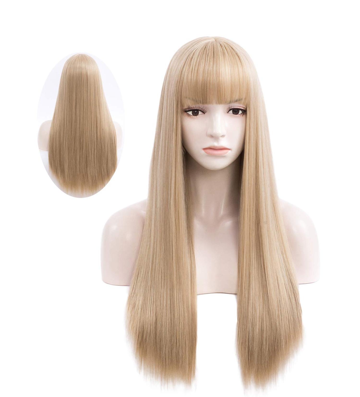 Netgo Blonde Wig with Bangs | Long Straight Ash Blonde Wig for Women | 27 Inch Heat Resistant Synthetic Hair Wig for Cosplay & Halloween - Buy Online on GoSupps.com