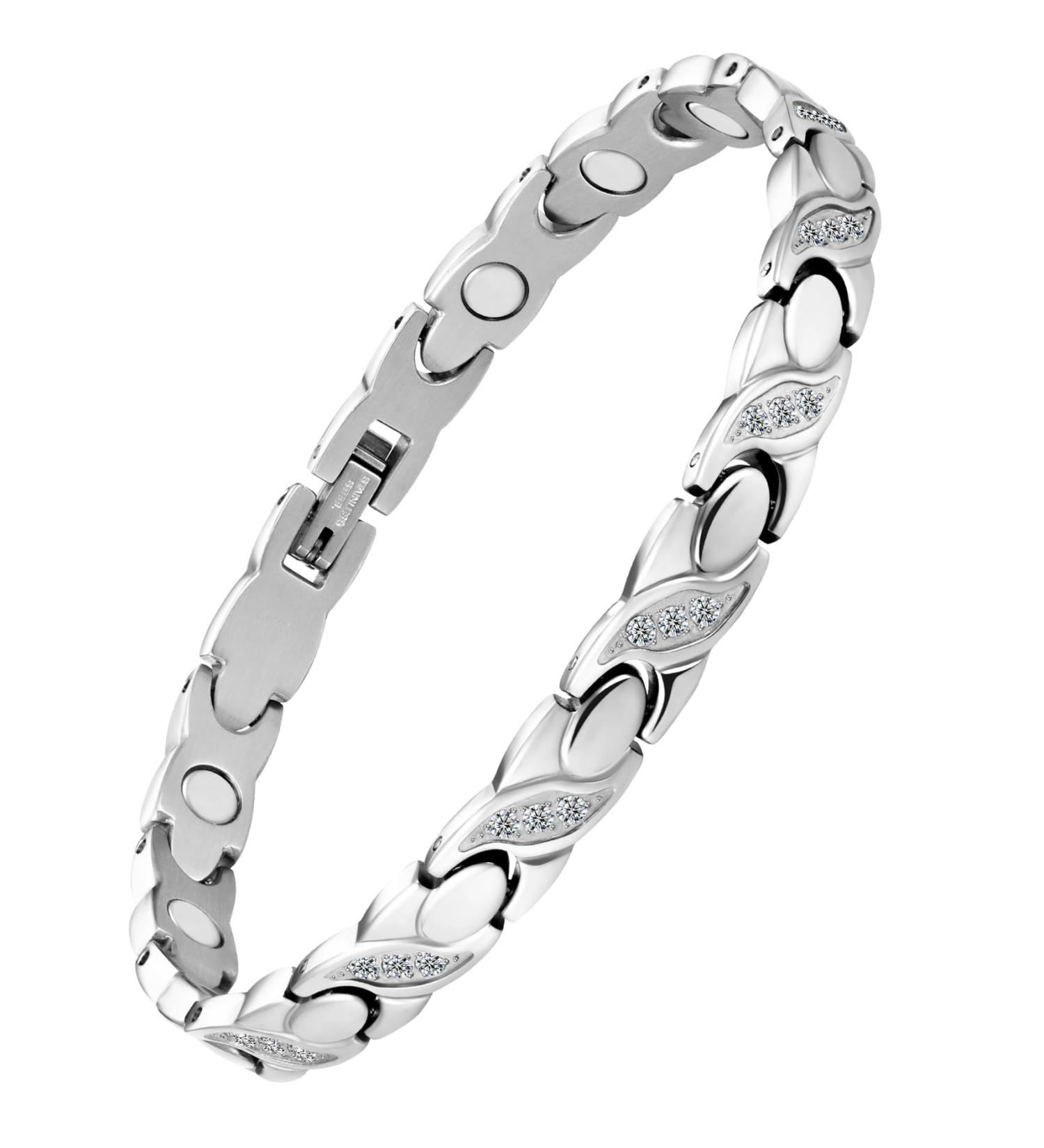 Jeracol Titanium Steel Magnetic Bracelet for Women | Adjustable Length with Crystals | Strong Magnets | Sizing Tool & Gift Box - Silver Crystal - Buy Online on GoSupps.com