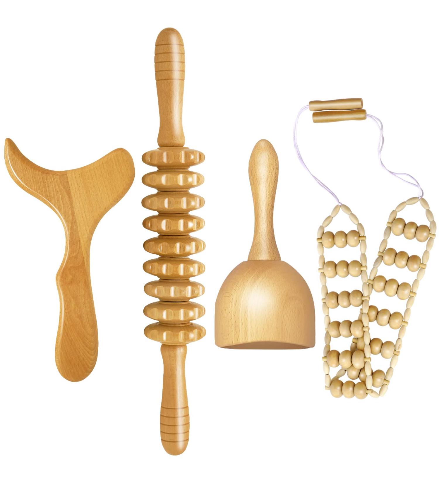 4-Piece Maderotherapy Set - Anti-Cellulite Wood Massage Rollers & Gua Sha for Pain Relief Lymphatic Drainage & Relaxation - Buy Online on GoSupps.com