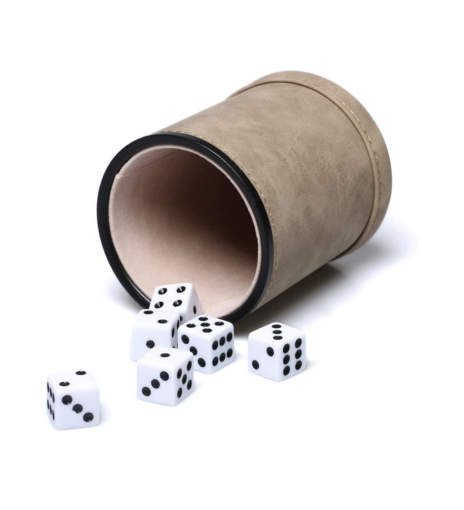 Leatherette Dice Cup with 6 White Dices - Felt-Lined Quiet Shaker for Yahtzee, Farkle, Liars Dice - Premium Gaming Set - Buy Online on GoSupps.com