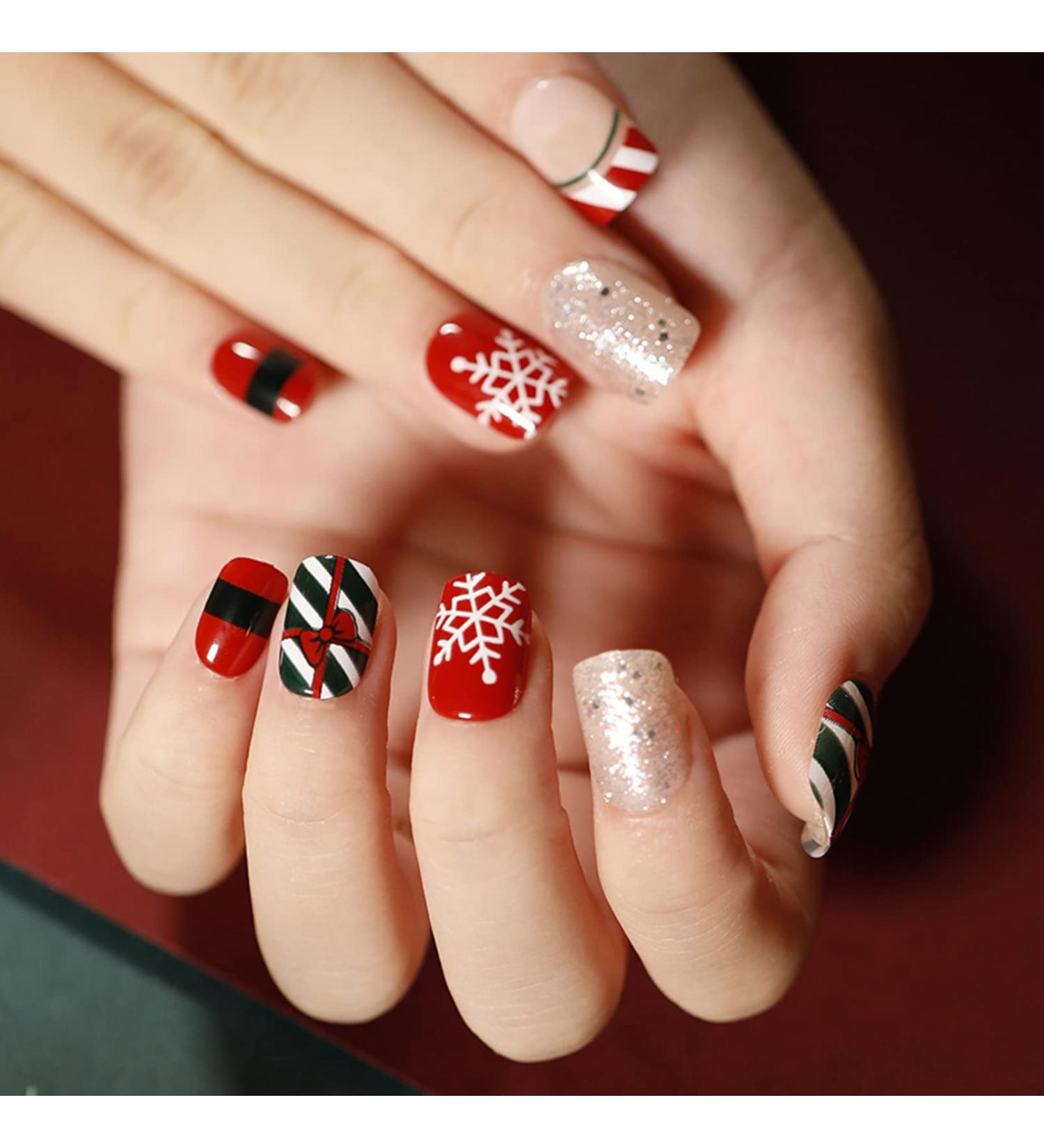 Christmas False Nails 24pcs Short Press On Nails - Ballet Red Acrylic Stick on Nails with Glue Sticker for Women and Girls Gift | Green Strip Design - Buy Online on GoSupps.com