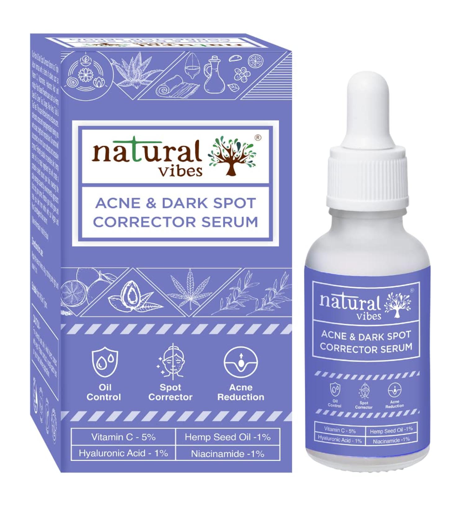 Natural Vibes Acne & Dark Spot Corrector Face Serum | Vitamin C | Bright Glow | Niacinamide | Hyaluronic Acid | Men & Women | All skin types & Sensitive Skin | 30 ml - Buy Online on GoSupps.com