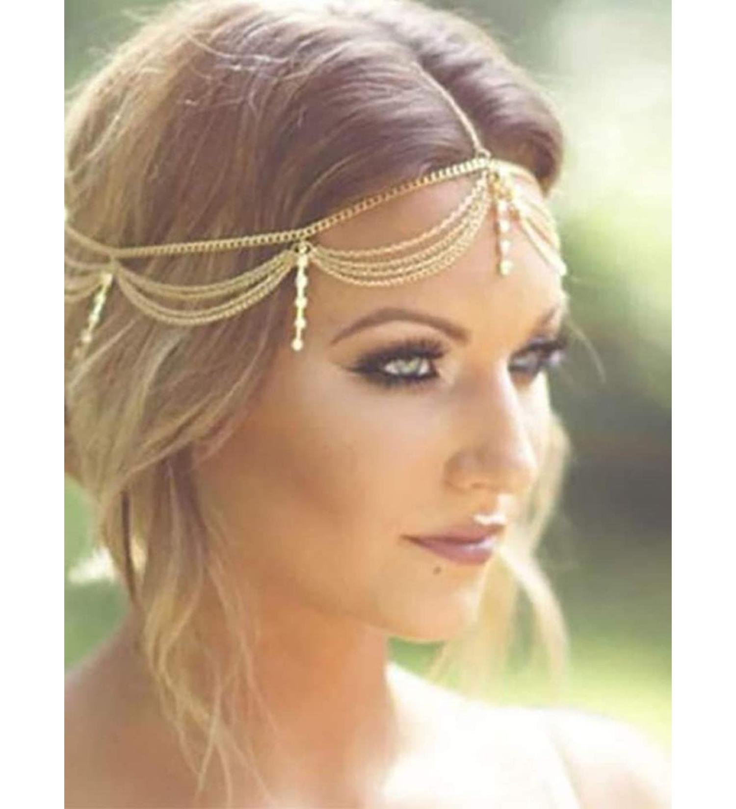 Catery Gold Hair Chain Jewelry - Boho Headpiece with Rhinestones for Women and Girls - Buy Online on GoSupps.com