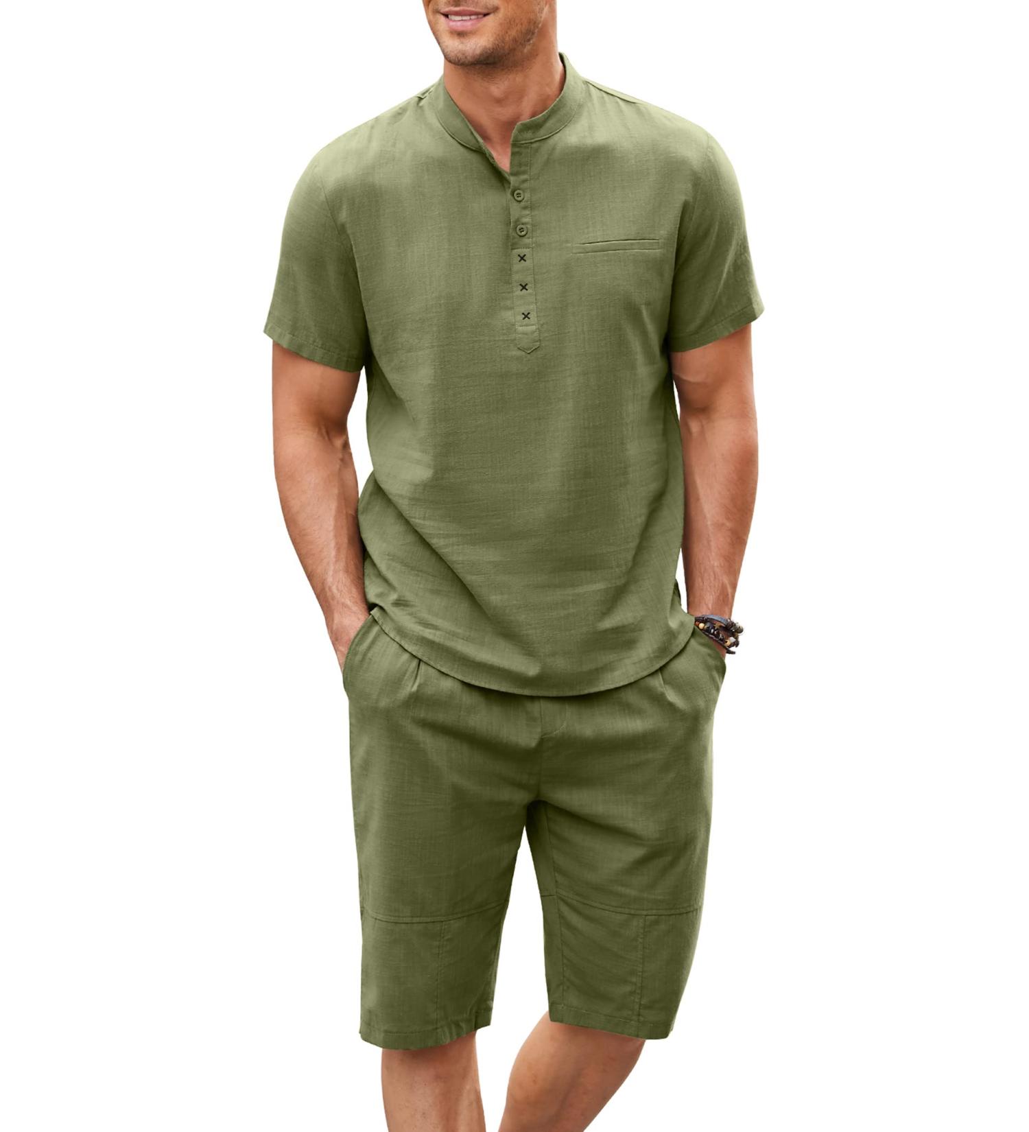 COOFANDY Men's Linen 2-Piece Set: Short Sleeve Henley Shirt & Shorts | Army Green XX-Large - Buy Online on GoSupps.com