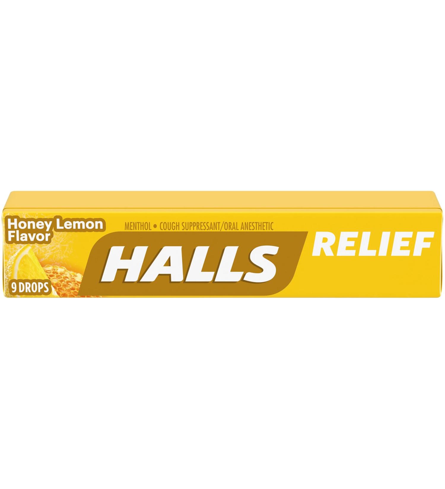 Halls Mentho-Lyptus Menthol Cough Suppressant/Oral Anesthetic Drops Honey-Lemon 9-Count Packages (Pack of 20)