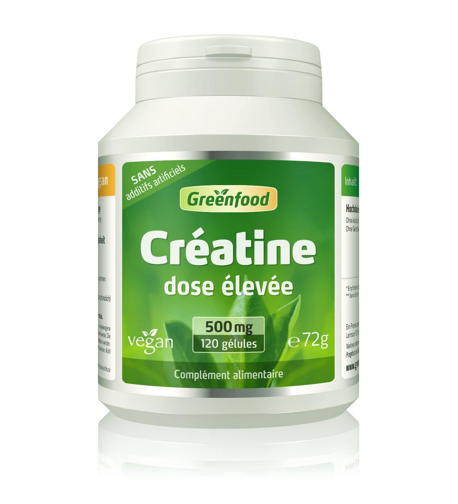 Greenfood Creatine 500 mg high dose 120 capsules - NO artificial additives no genetic engineering. Vegan. - Buy Online on GoSupps.com
