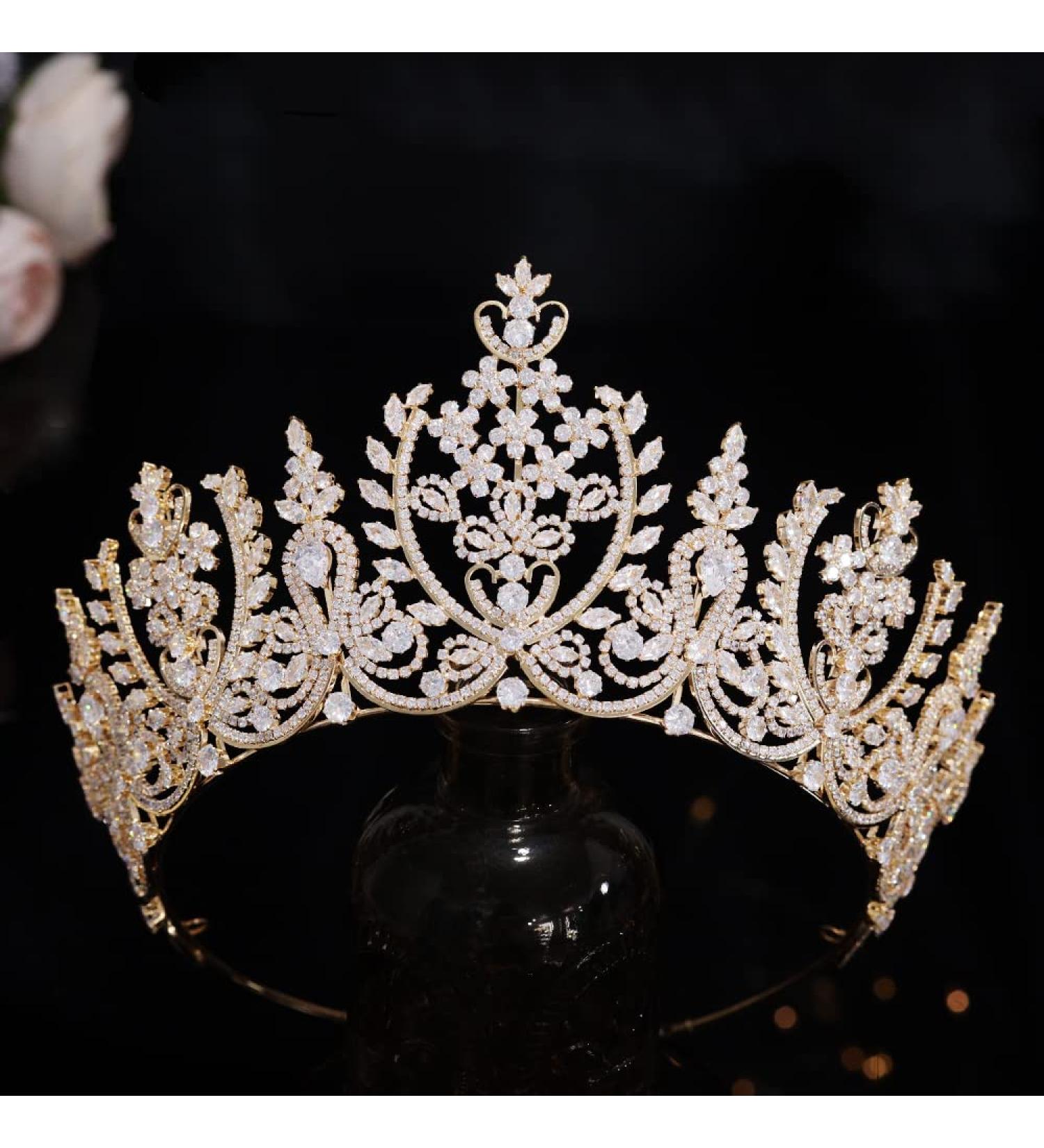 Aoligracre Luxury Cubic Zirconia Wedding Tiara & Crown for Women - Gold | Pageant Hair Jewelry & Bride Gift - Buy Online on GoSupps.com