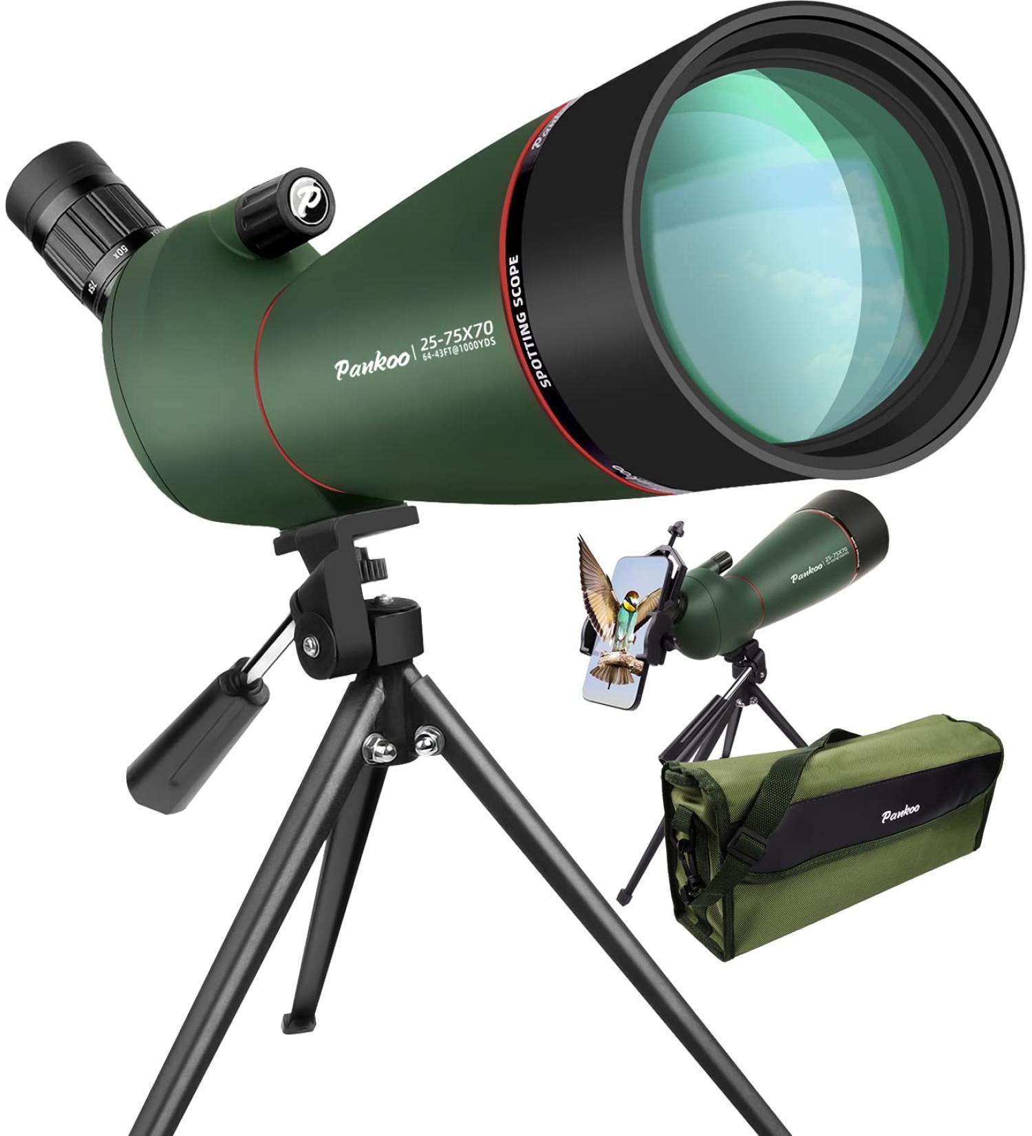 PankooFamily 25-75X70 HD Spotting Scope with Smartphone Mount Kit, Tripod, and BAK4 Angled Eyepiece - Ideal for Bird Watching, Target Shooting, and Wildlife Observation - Buy Online on GoSupps.com