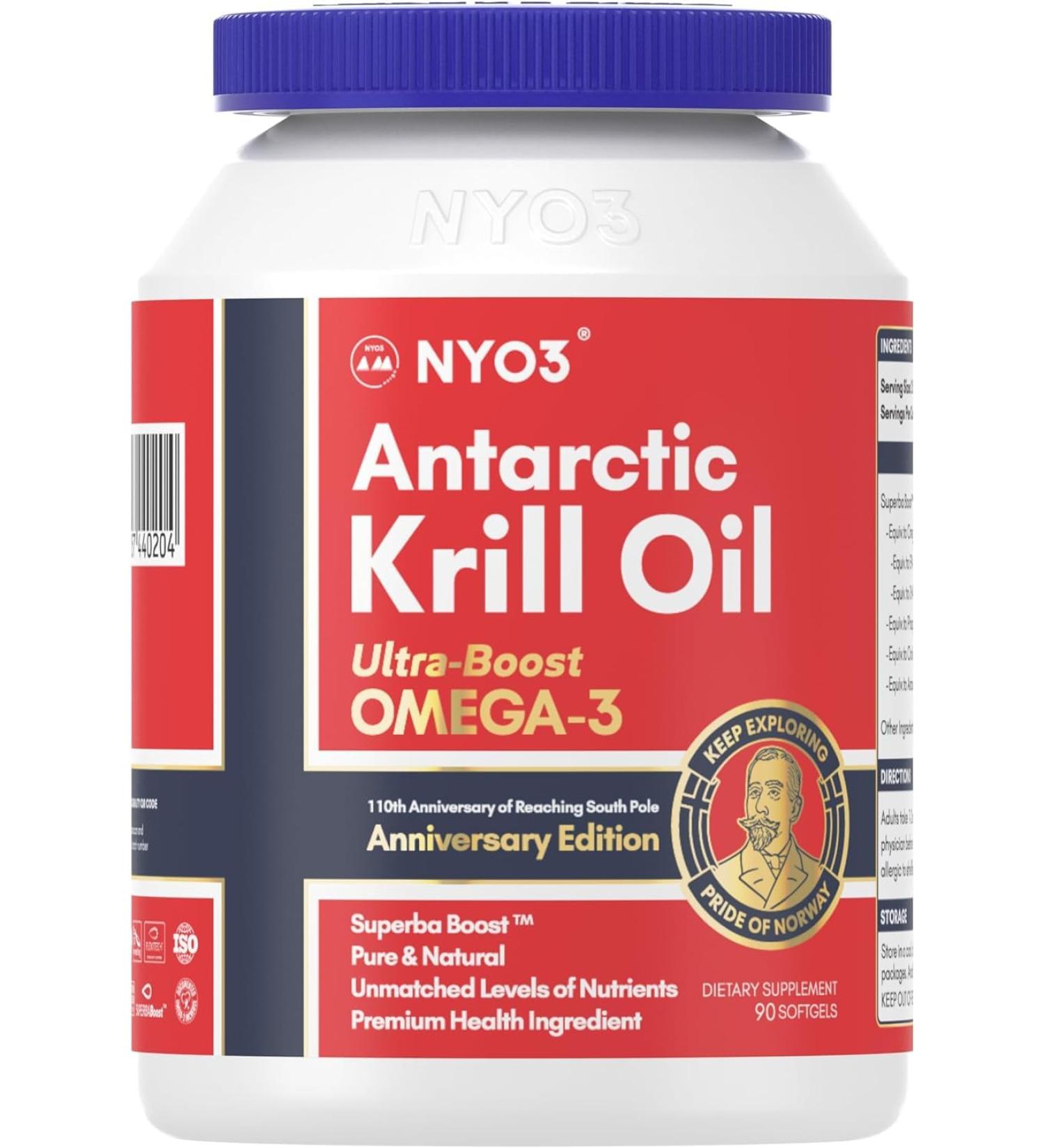 NYO3 Krill Oil - 90 Capsules | Pure Norway 270mg Omega 3 150mg EPA 70mg DHA 560mg Phospholipids 70mg Choline & 85mcg Astaxanthin - International Shipping - Buy Online on GoSupps.com