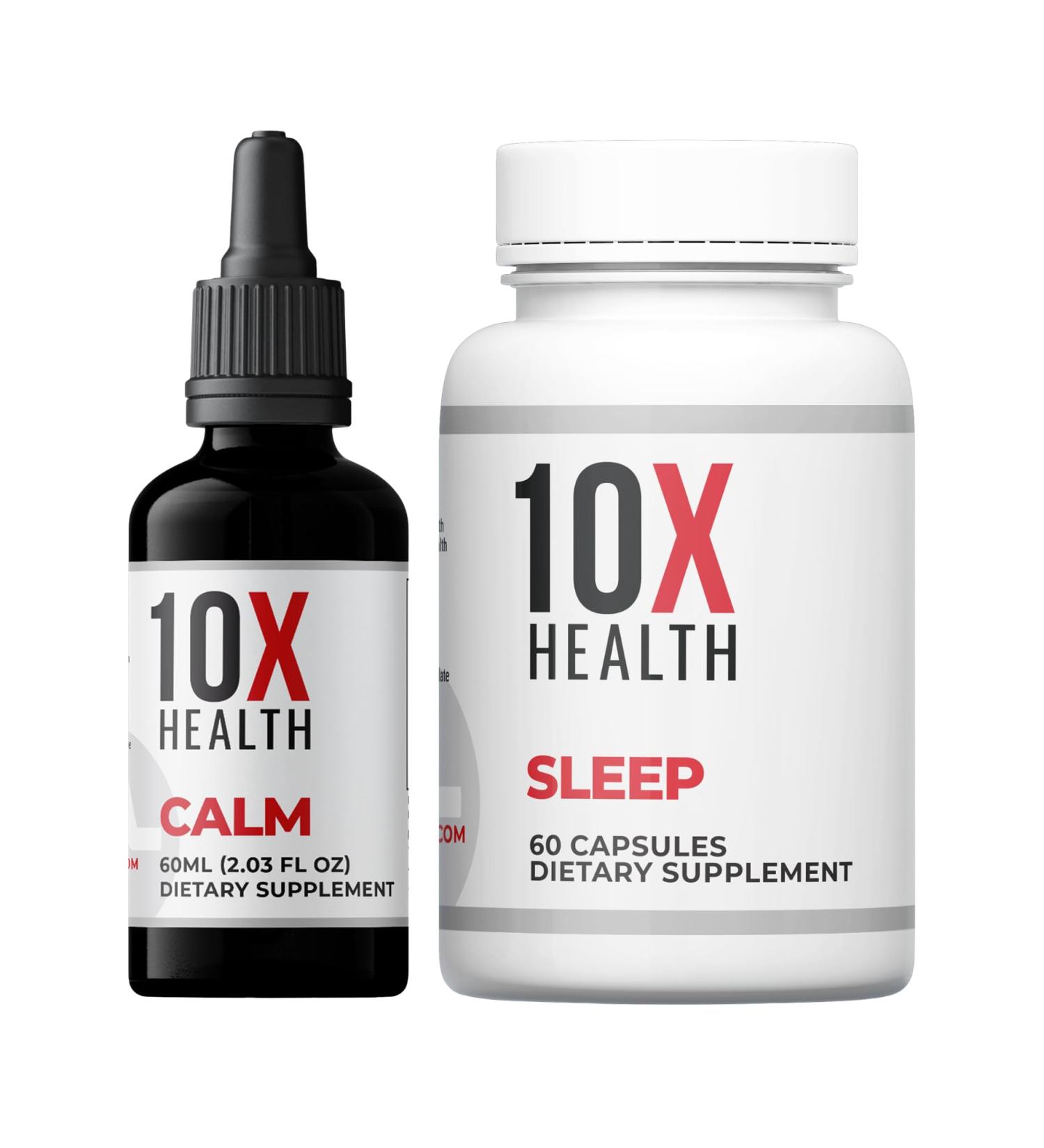 10X Health Calm (AM) & Sleep (PM) Bundle - L Theanine & GABA Liquid + Magnesium Supplement L-Theanine & Organic Melatonin Capsules - 30-Serving Dropper + 60 Capsules - Buy Online on GoSupps.com