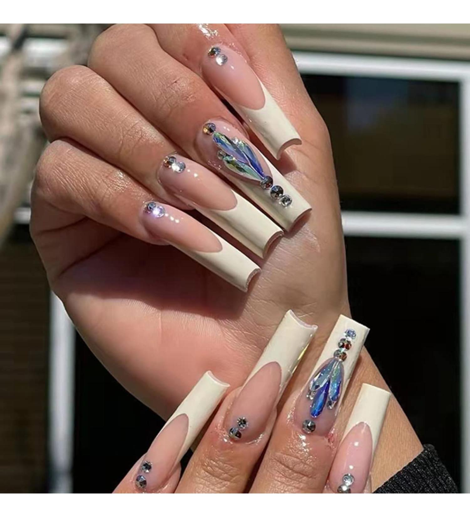 Sethexy Long Coffin False Nails - 24pcs Crystal Sparkle French Art Acrylic Press-on Nails for Women & Girls - Buy Online on GoSupps.com