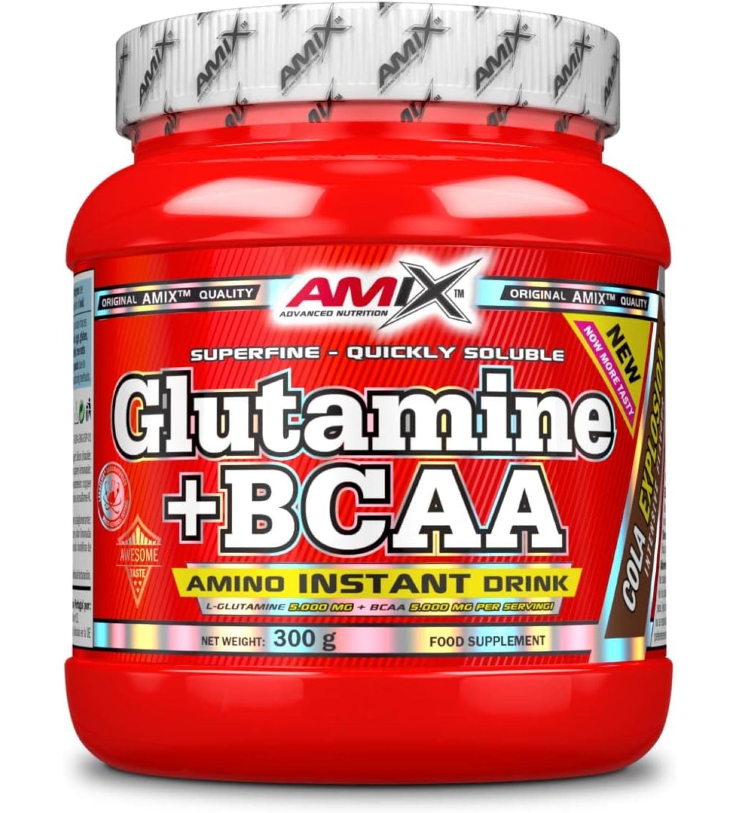AMIX BCAA -Glutamina - Food Supplemented Wirts Amino acids reduces muscle catabolism and facilitates relaxation after production ideal for athletes 300 g cock taste cola 300 grams
