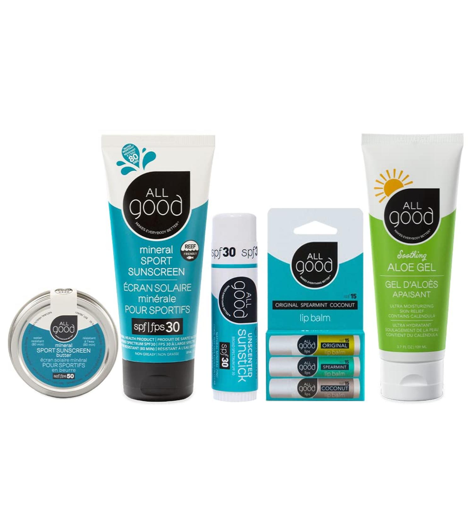 All Good Mineral Sun Care Set - SPF 15 Aloe Gel, Lip Balm, Sport Sunscreen, Zinc Butter, & Sunstick - Buy Online on GoSupps.com